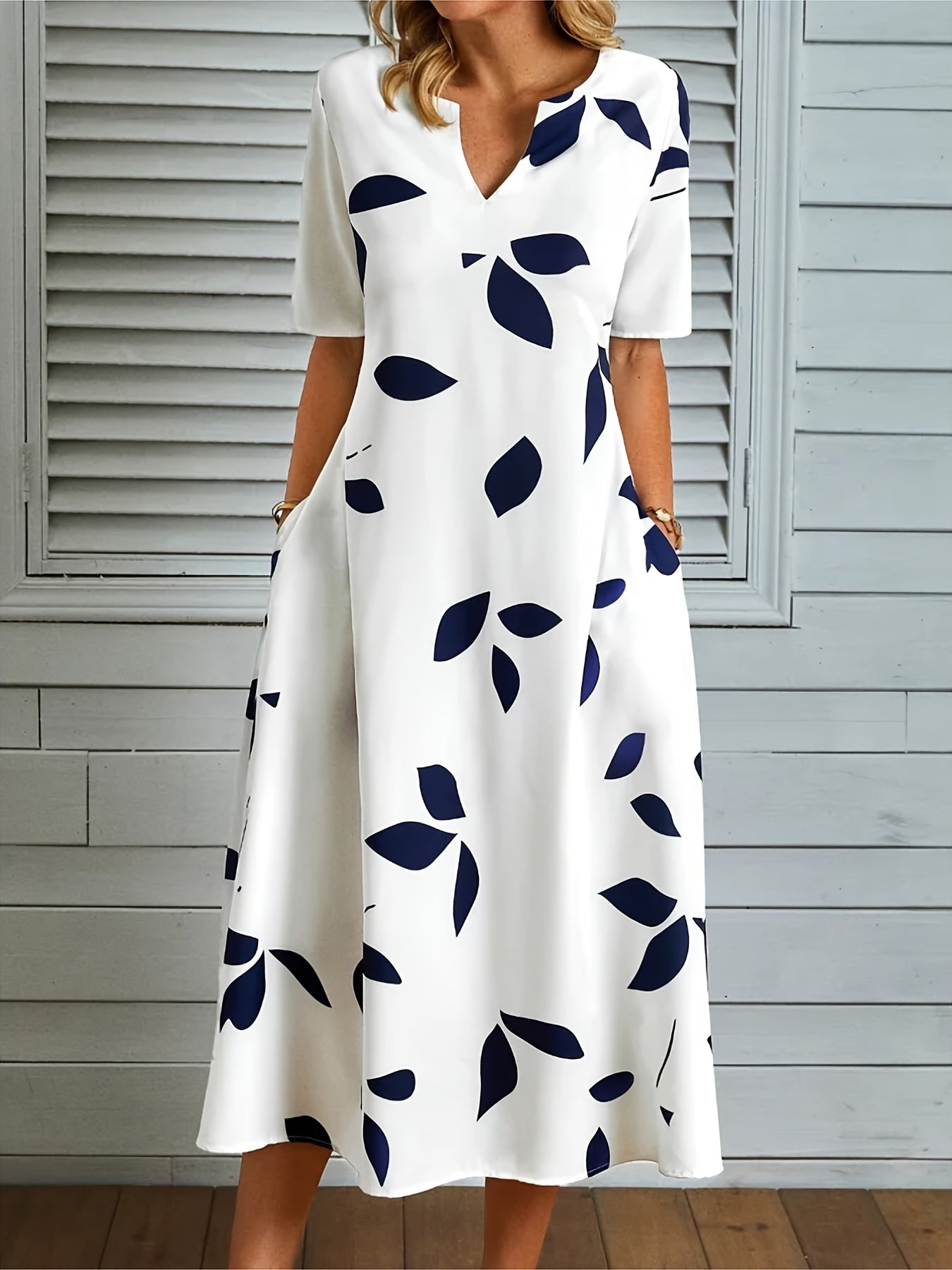 Floral V Neck Short Sleeve Dress, Pocket Ruffled Maxi Casual Dress