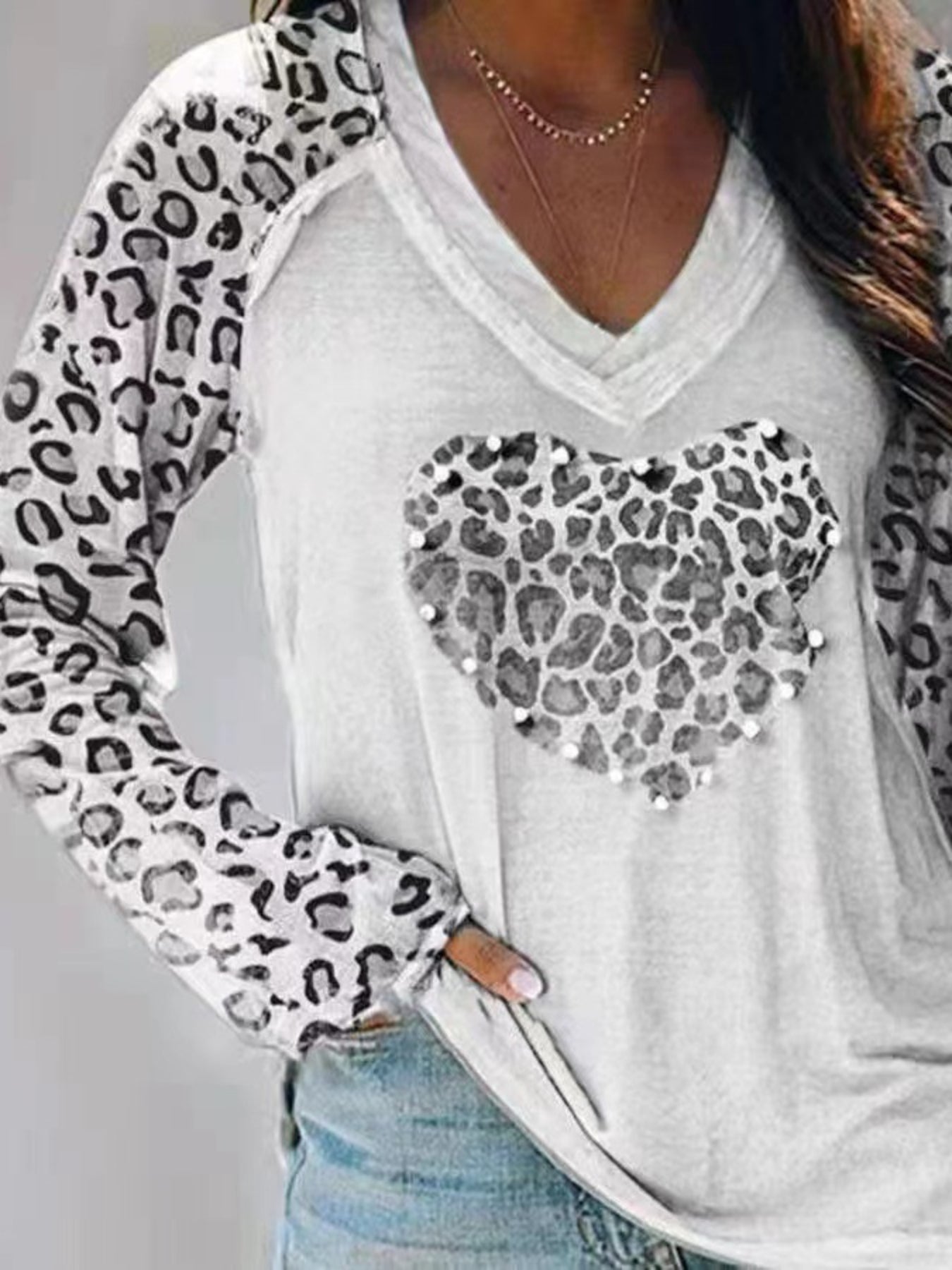 Plaid Heart Print V Neck T-Shirt, Casual Long Sleeve Top