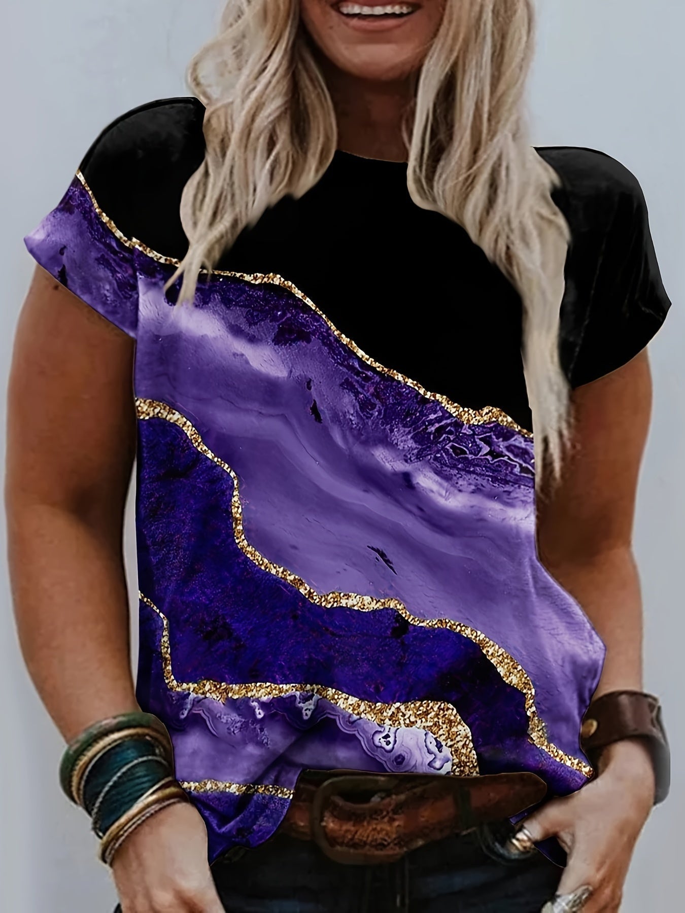 Colorblock Marble Print T-Shirt - Comfortable and Stylish Short Sleeve Tee