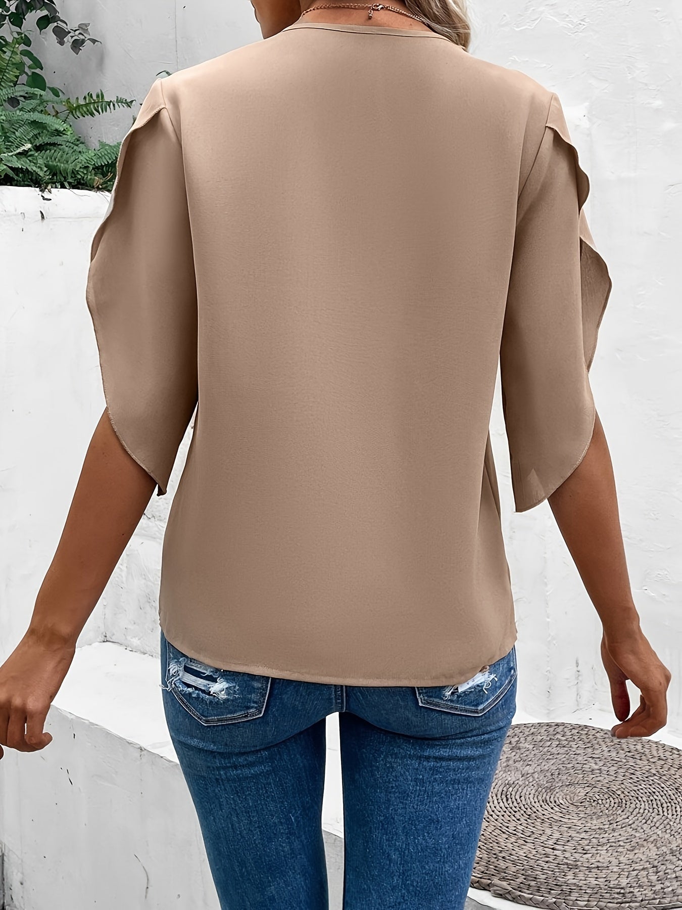 Solid Floral Lace Stitching V-neck Blouse, Vintage Petal Sleeve Blouse
