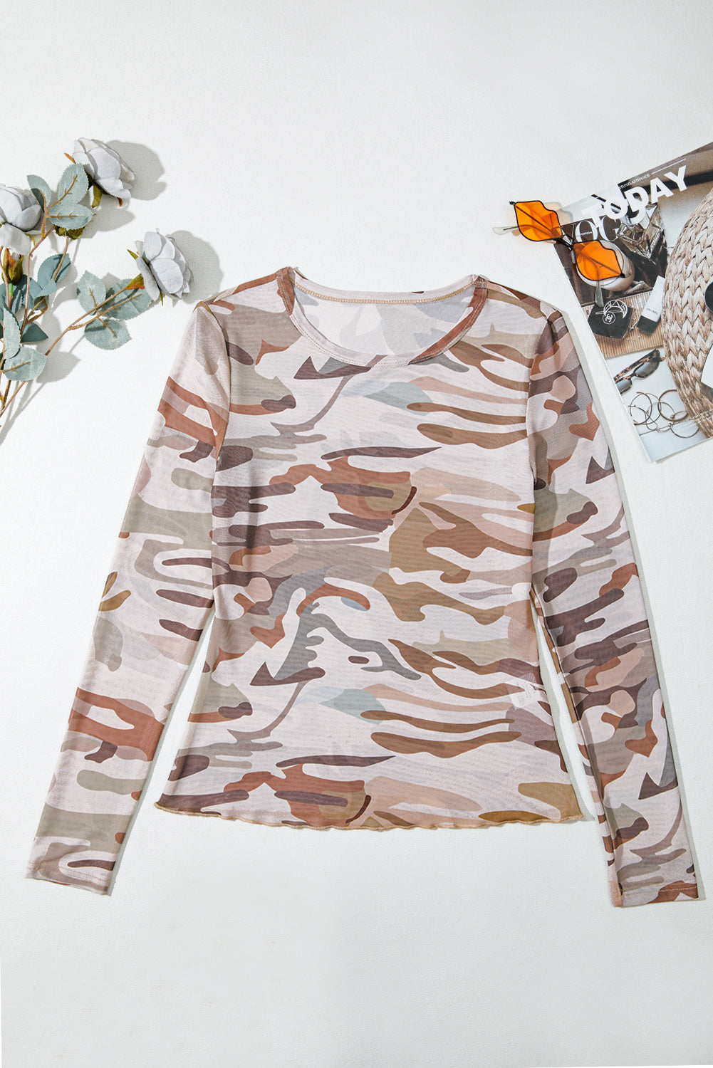 Green Western Fashion Camouflage Print Mesh Long Sleeve Top