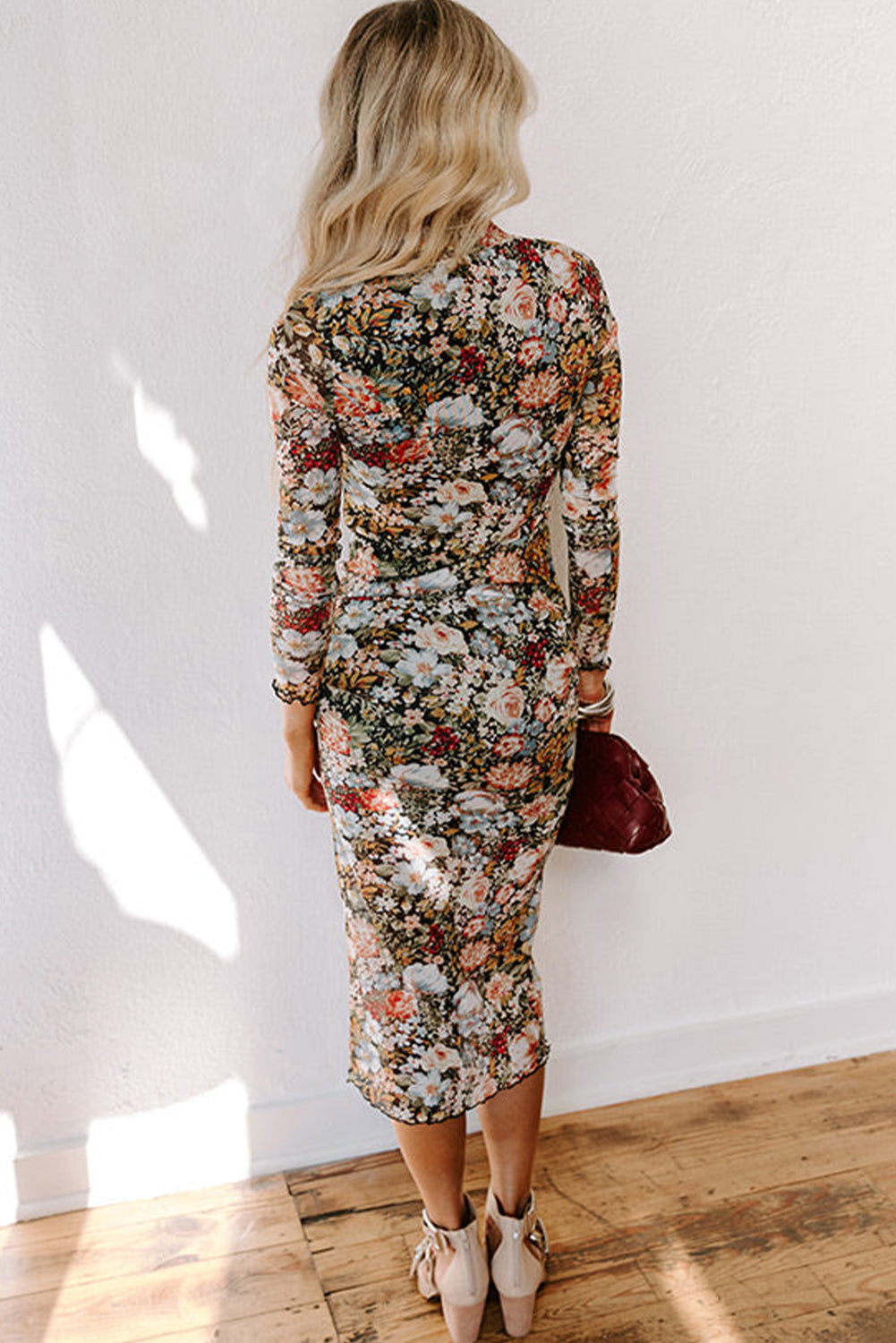 Brown Floral Allover Print Mock Neck Bodycon Long Sleeve Midi Dress