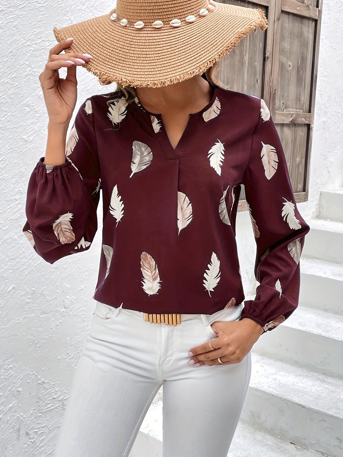 Feather Printed V-neck Loose Shirts, Casual Long Sleeve Fashion Shirts