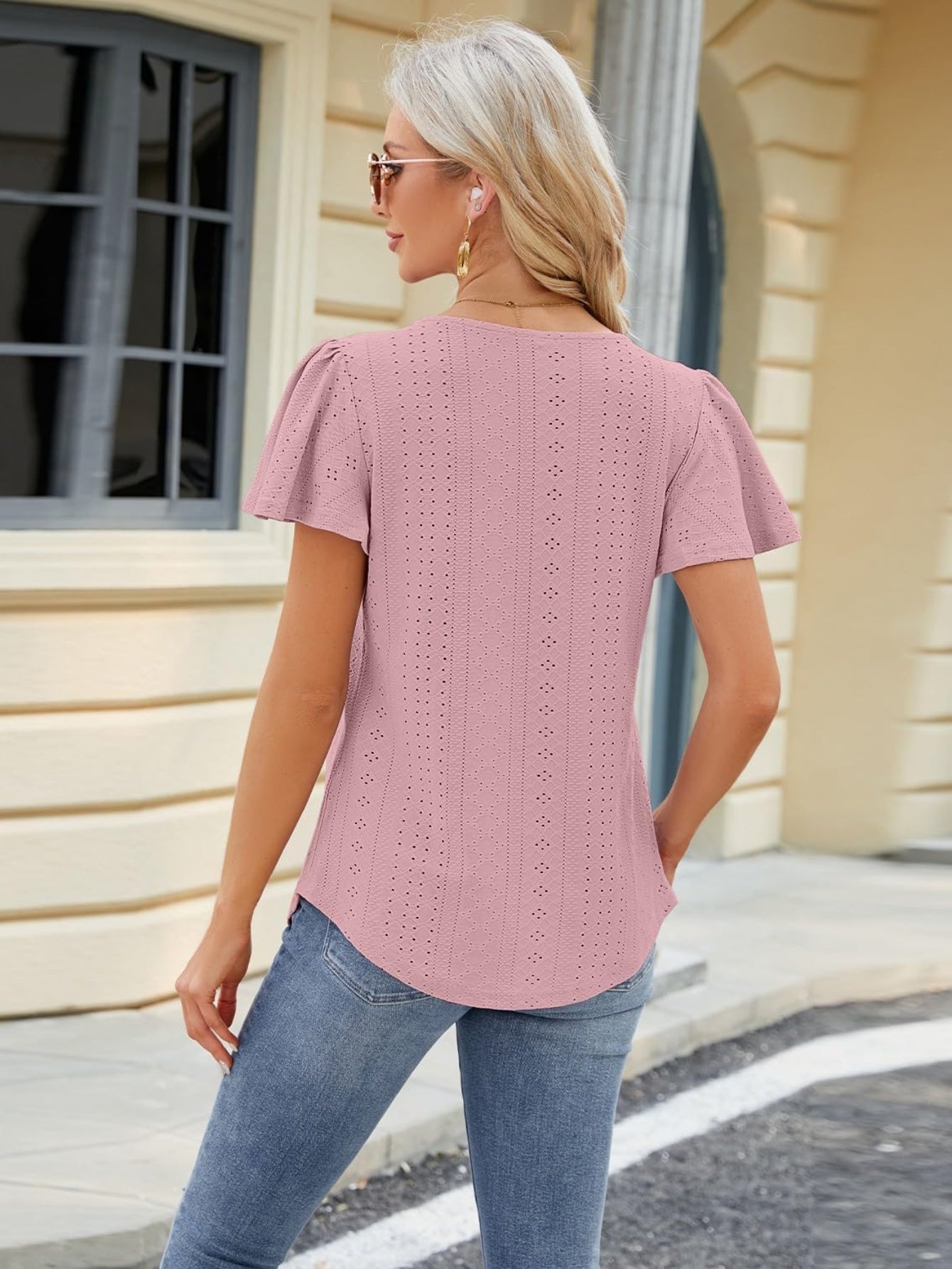 Pleated Hollowed Out Square Neck Short Sleeve T-Shirt