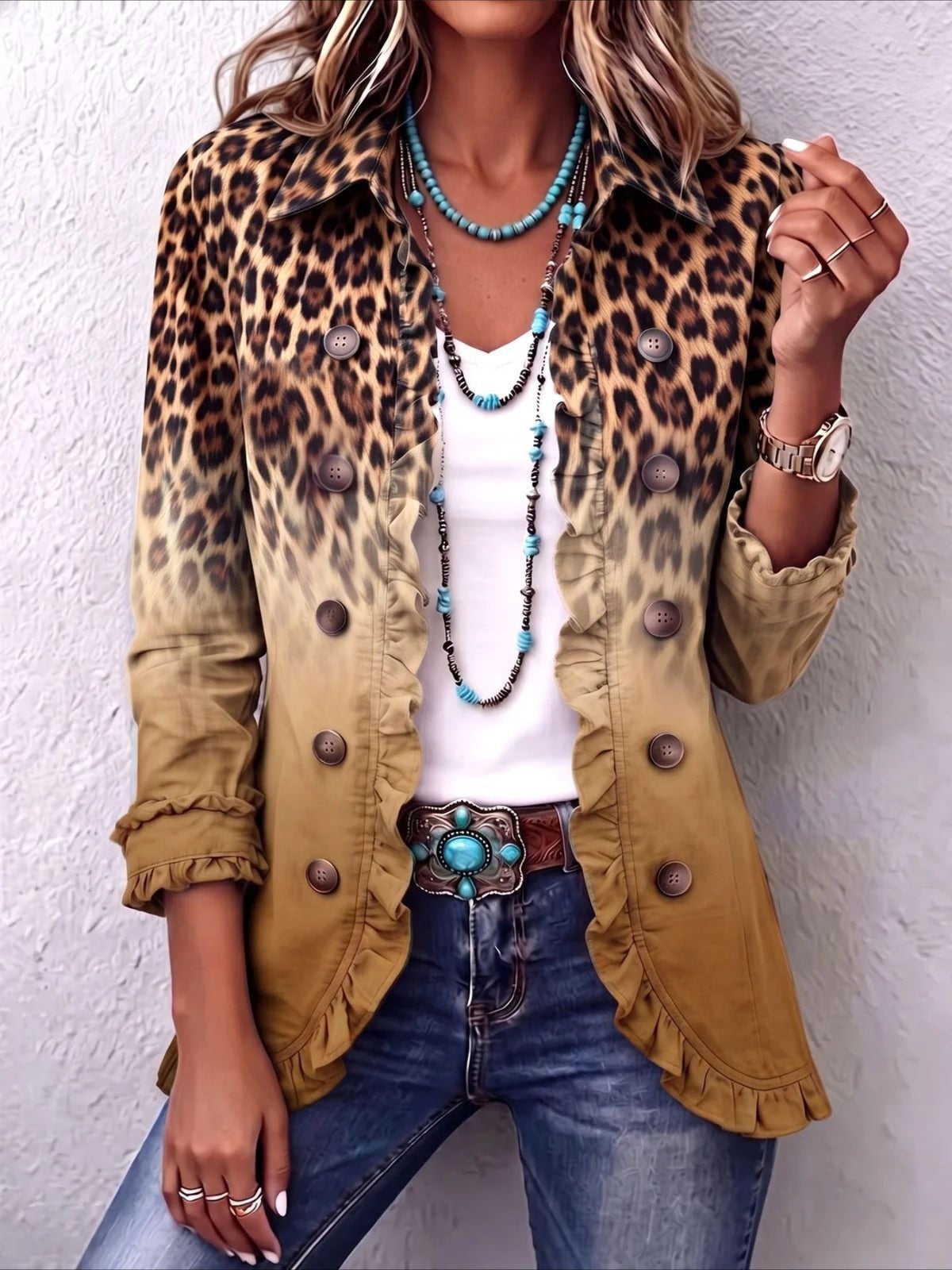 Leopard Pattern Print Long Sleeve Ruffle Edge Open Button Cardigan Coat