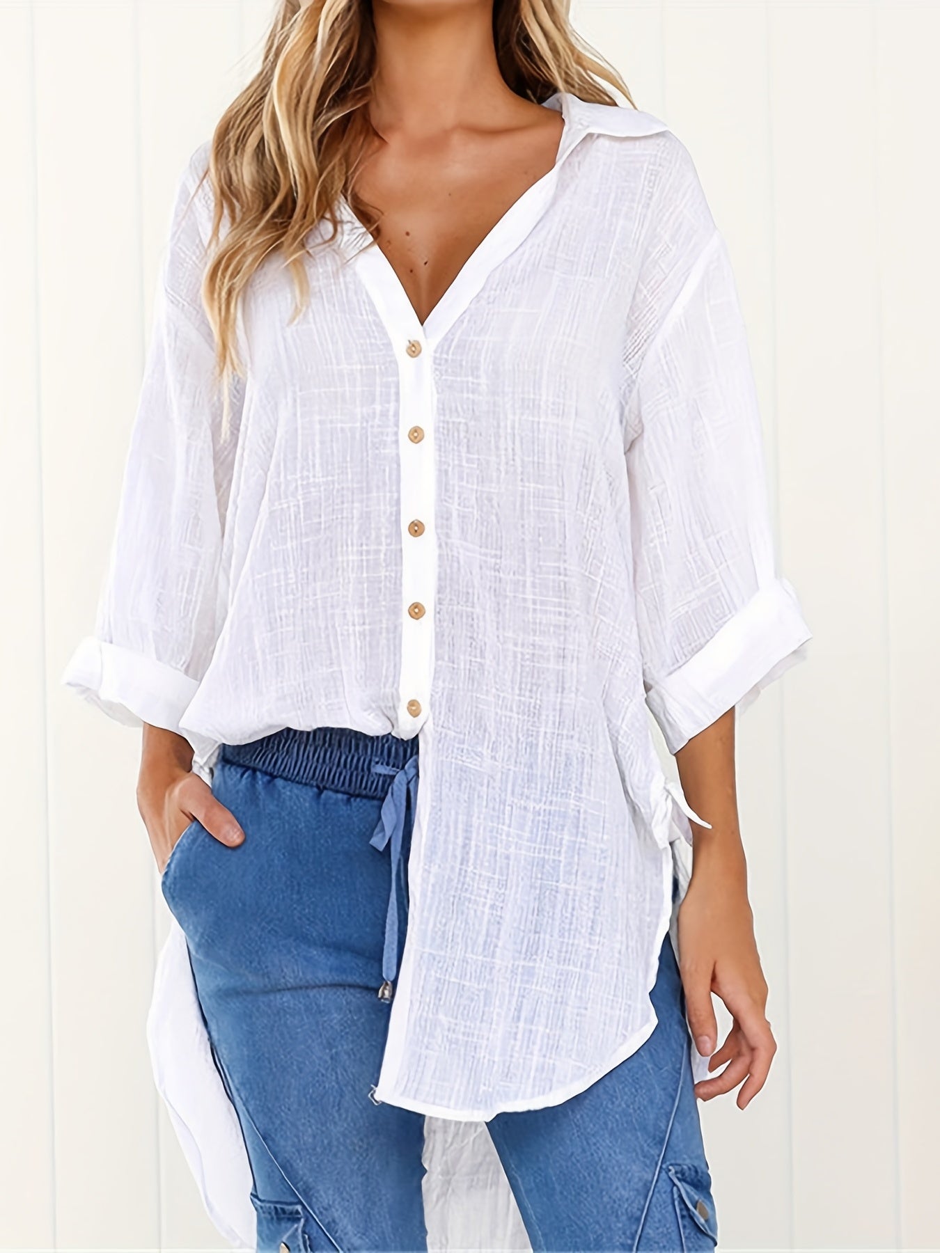Solid Color V Neck Blouse, Casual Half Sleeve Blouse