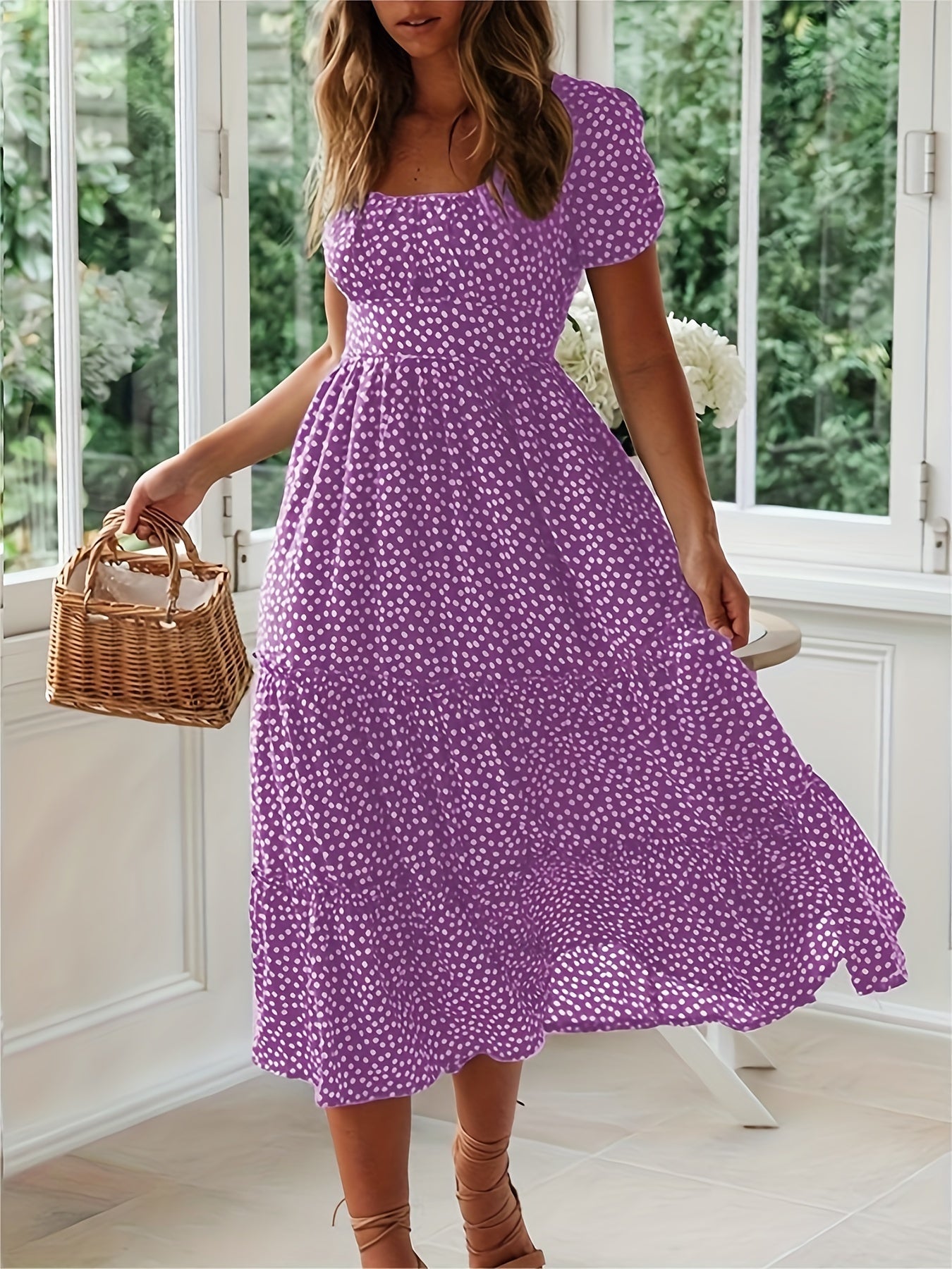 Polka Dot Ruffle Hem Dress, Casual Square Neck Short Sleeve Dress