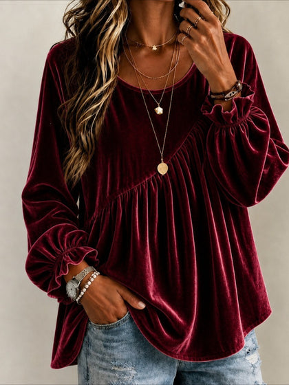 Round Neck Long Sleeve Velvet Blouse with Asymmetric Gathered Detail