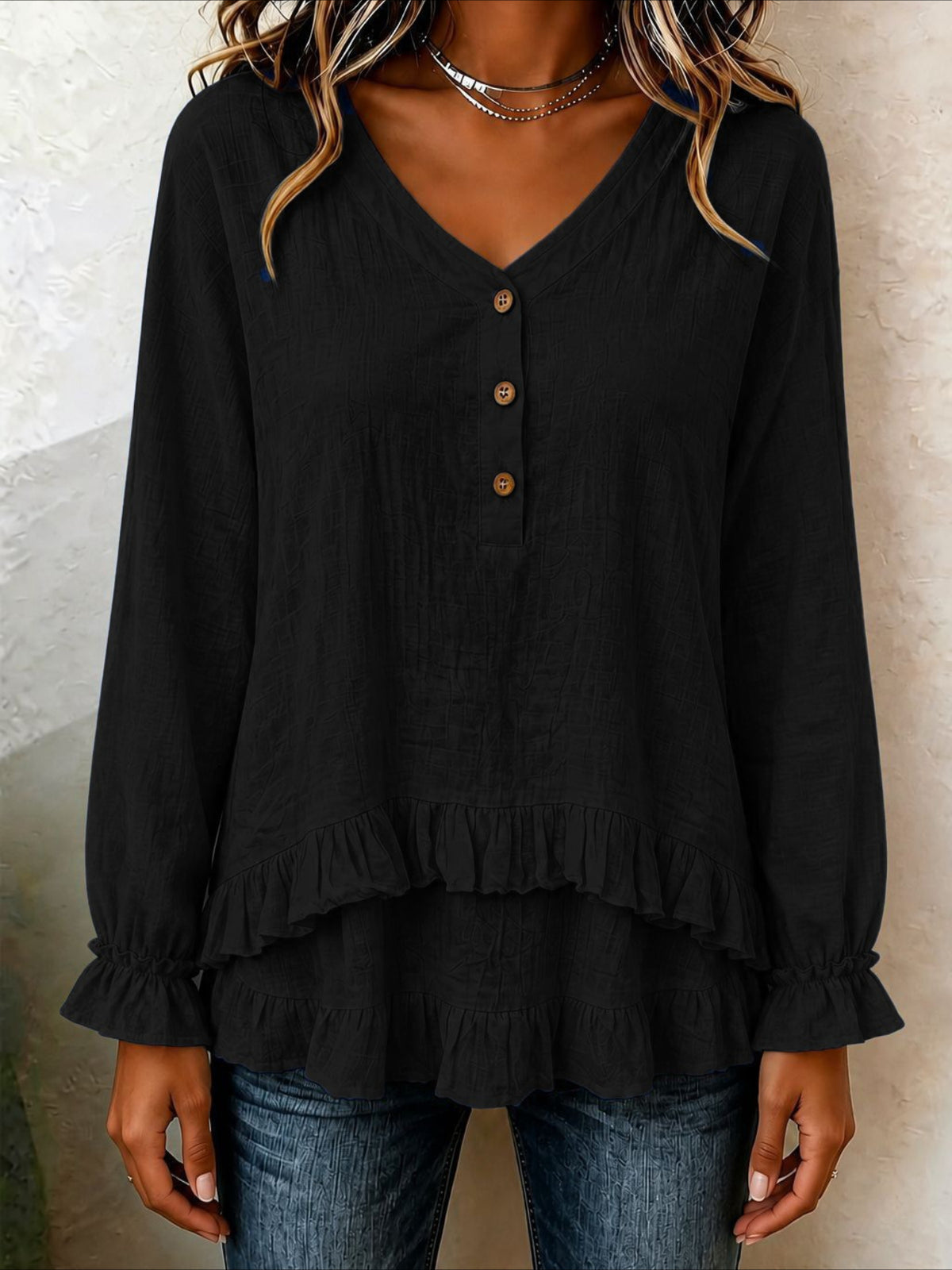 V-Neck Button Detail Long Sleeve Ruffle Hem Blouse