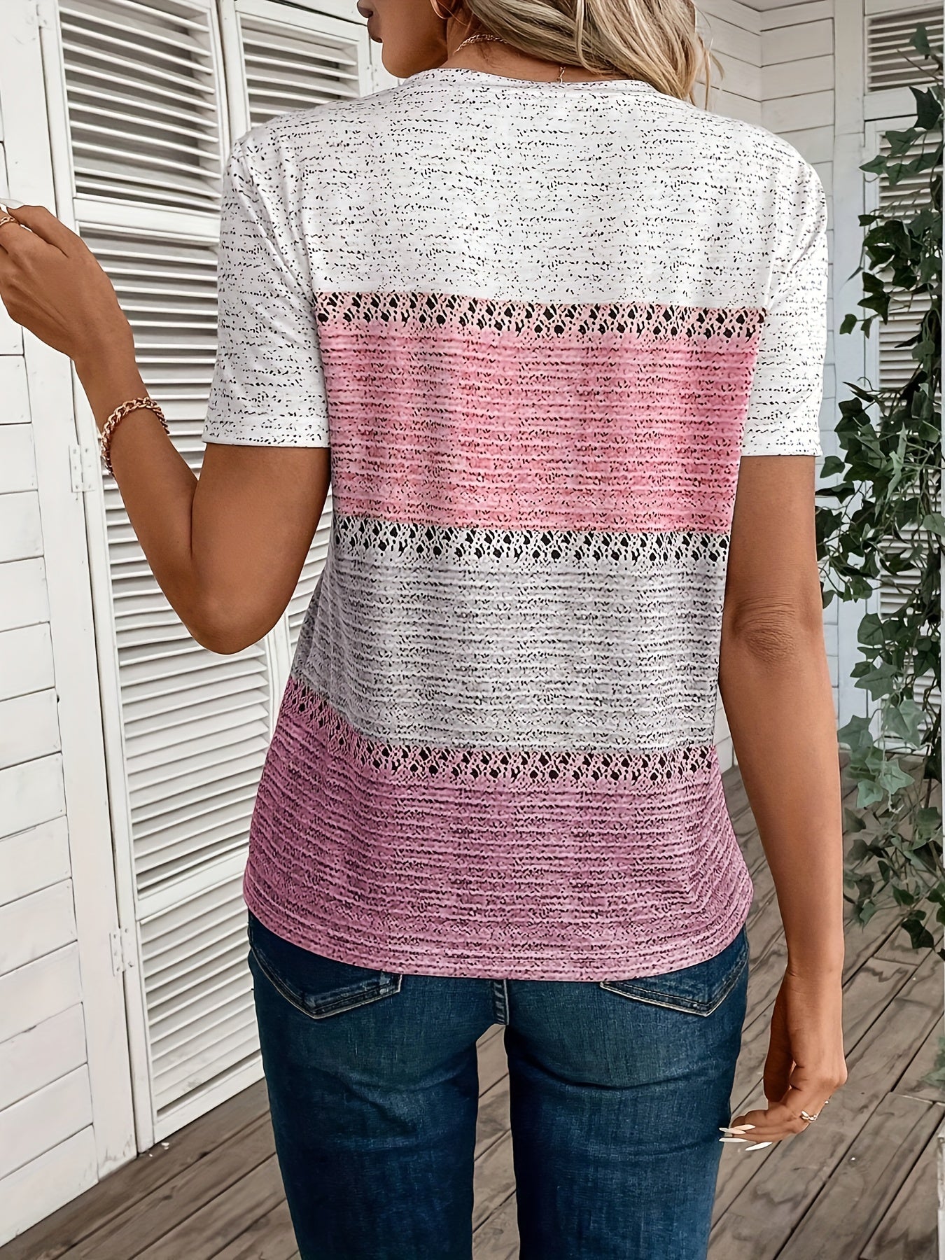 Color Block V Neck T-Shirt, Casual Short Sleeve T-Shirt