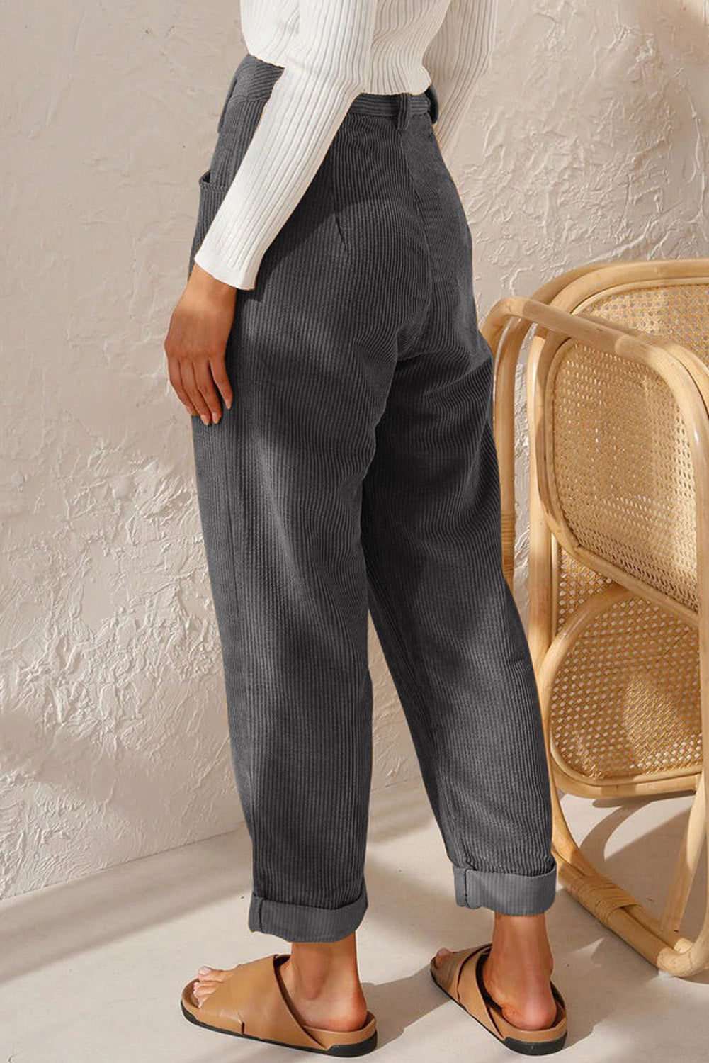 Gray Corduroy High Waist Straight Leg Pants