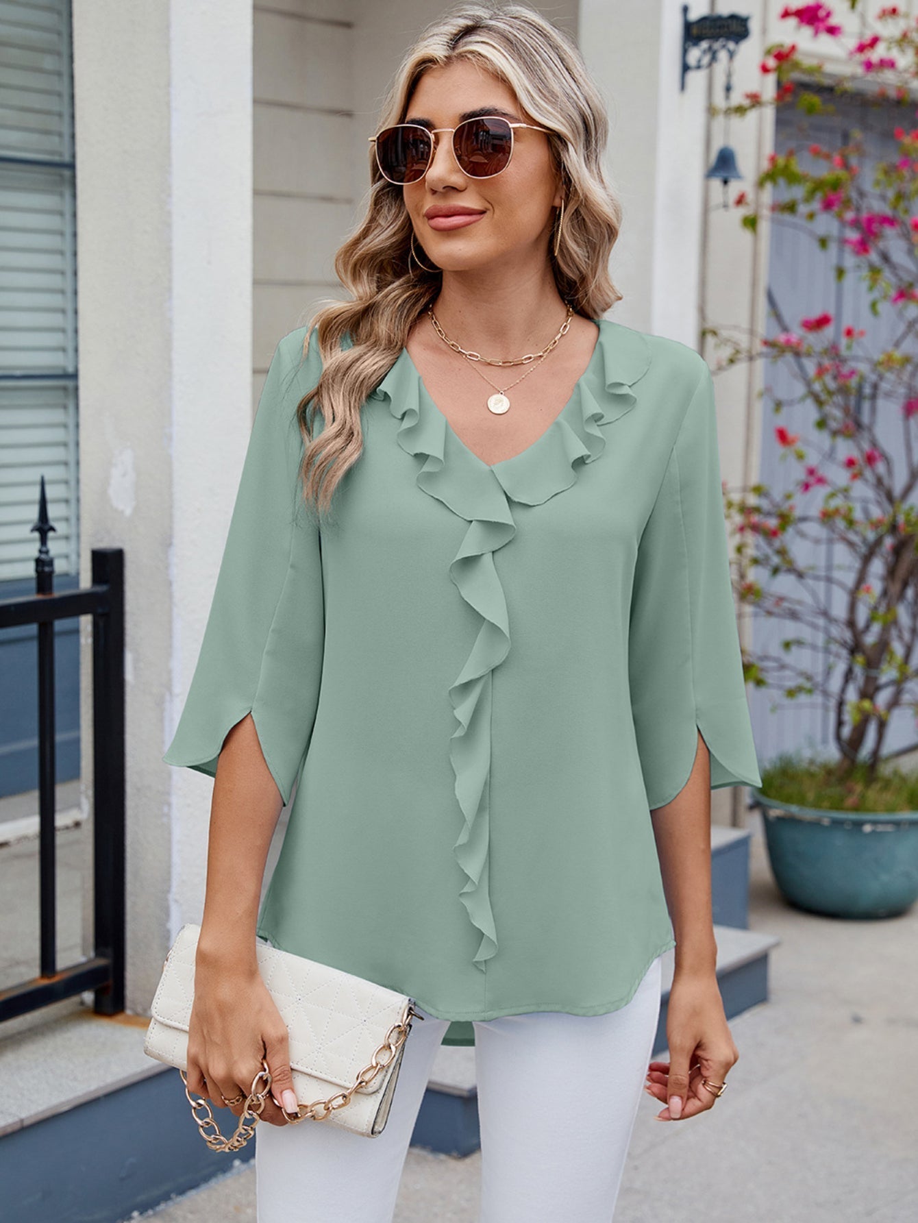 Tooluck Womens Dressy Casual Blouses 3/4 Sleeve V Neck Ruffle Tops
