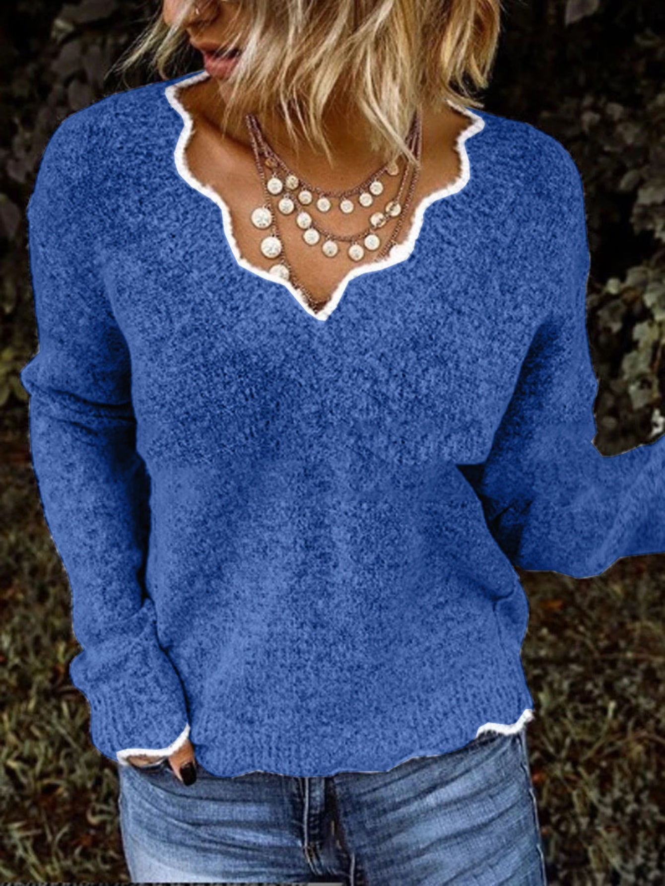 Scallop Trim Knit Sweater, Casual V Neck Long Sleeve Sweater