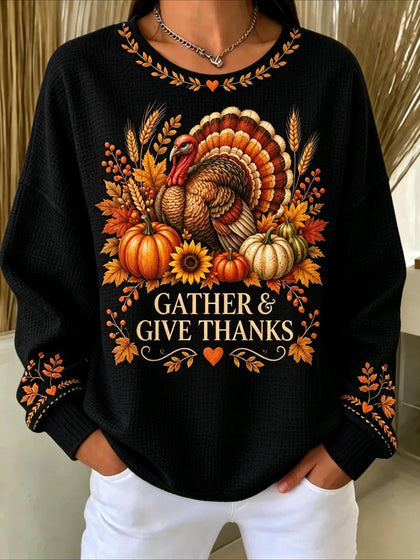 Halloween Printed Crew Neck Waffle Pattern Long Sleeve Sweater Hoodie