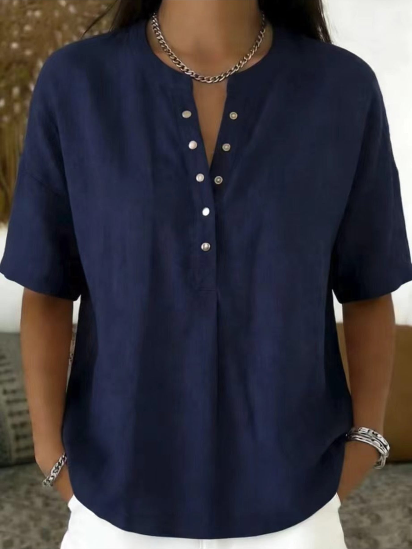Cotton And Linen Round Neck Short Sleeve Button H-Line Daily Going Out Casual Loose Blouse