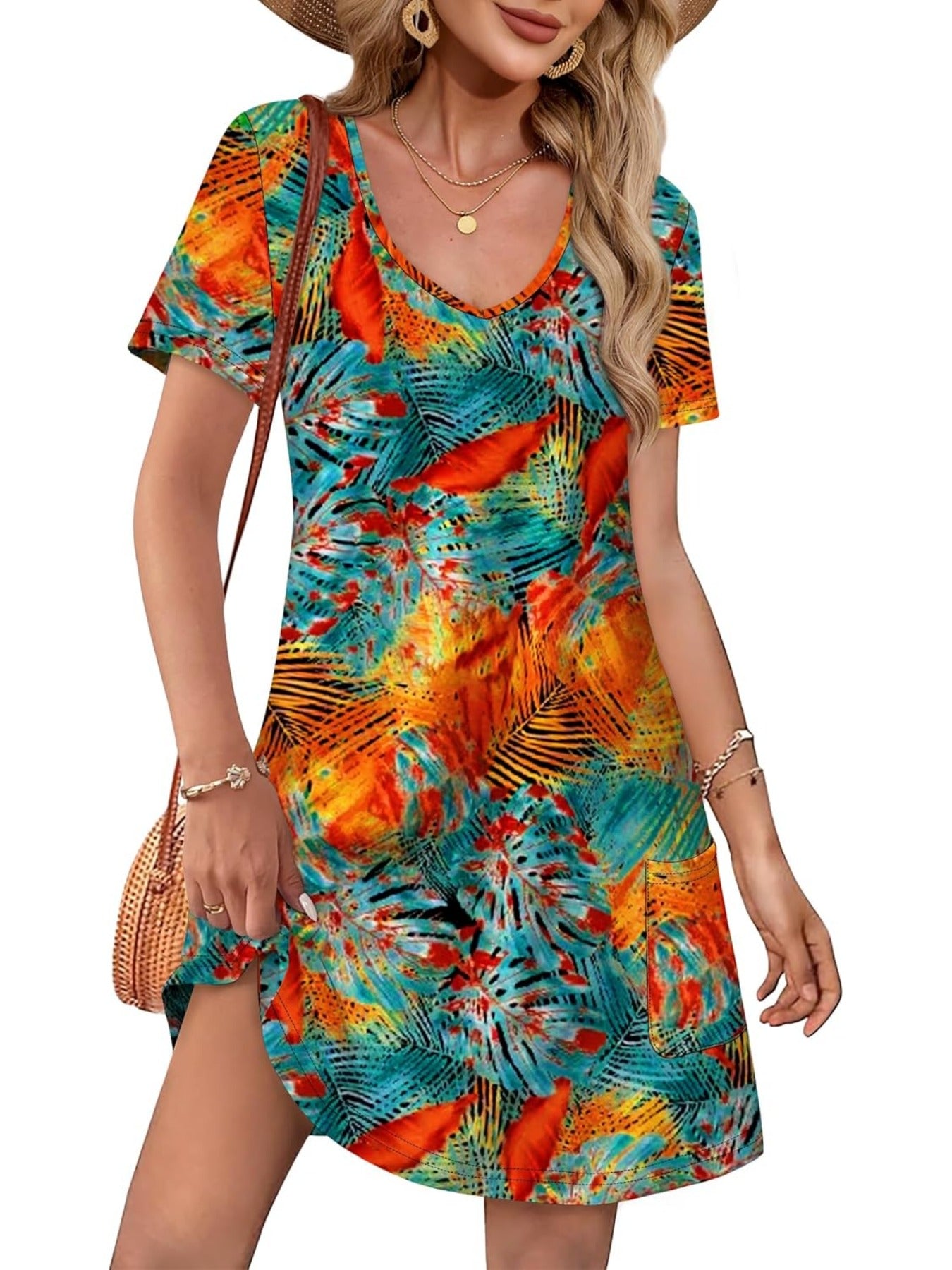 Loose V Neck Short Sleeve Casual T Shirt Dress