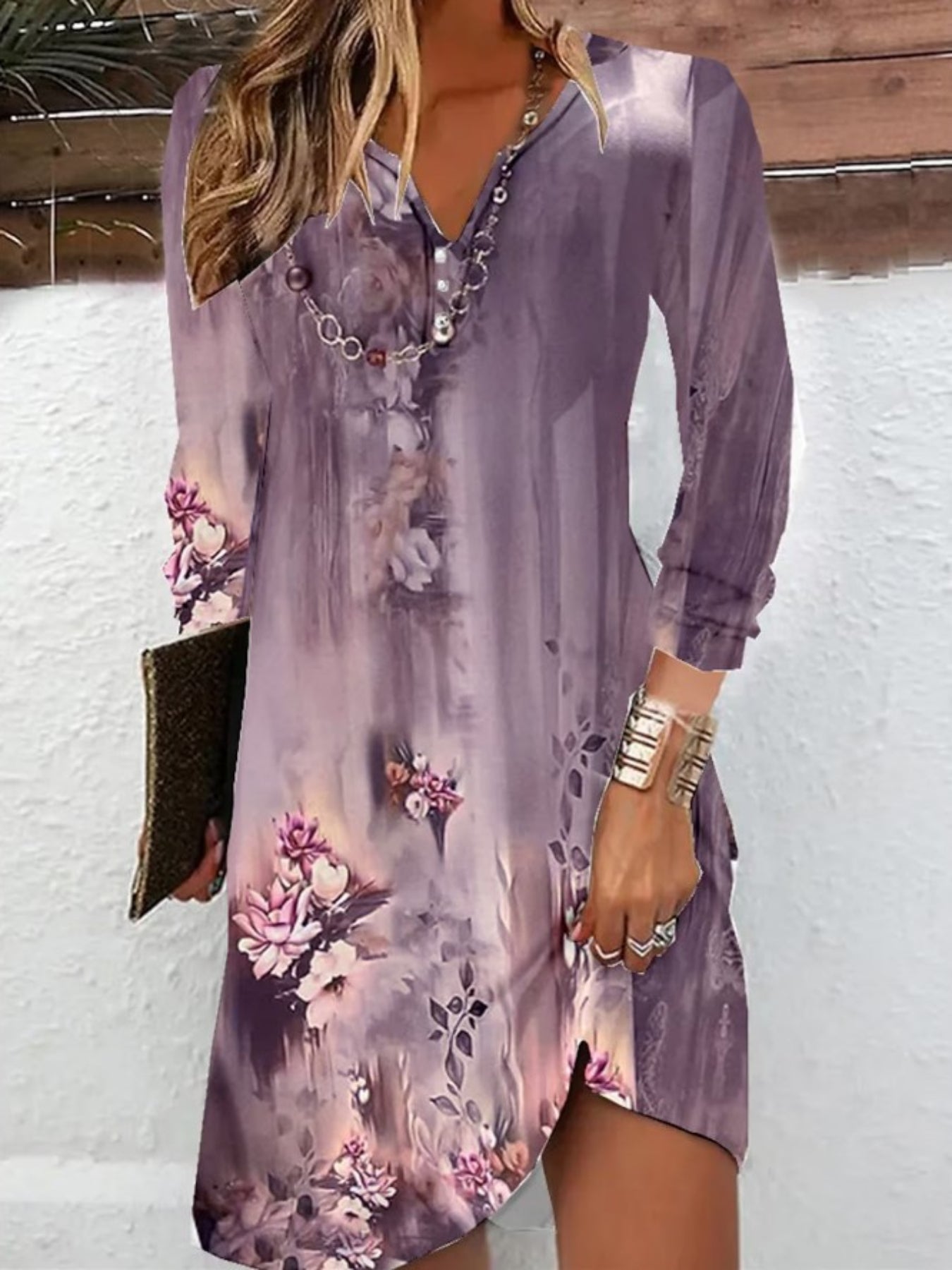 Floral Print Notched Neck Dress, Vintage Long Sleeve Mini Dress