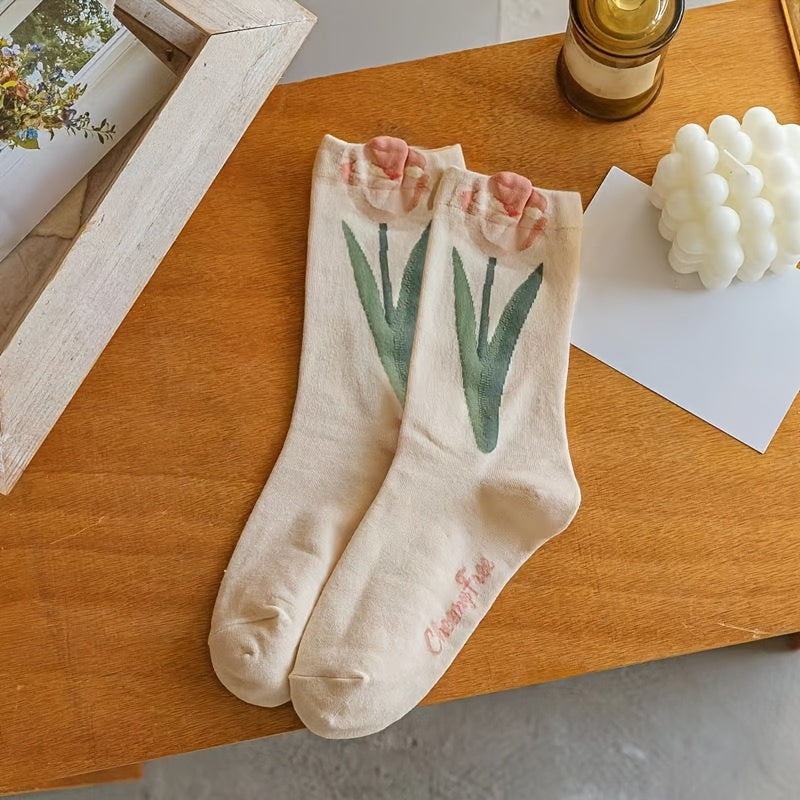 4pairs Floral Socks Set, Women Cute Flower Geometric 3D Textured Ankle Cotton Blend Cottagecore Lucky Socks