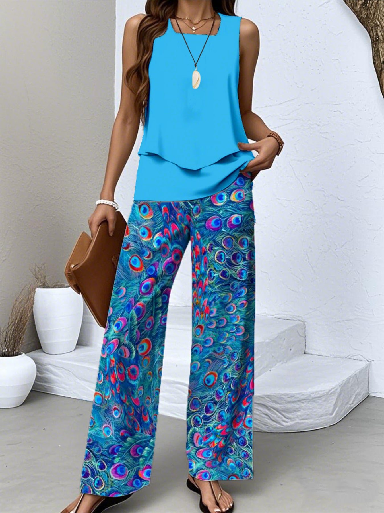 Crew Neck Sleeveless Layered Tank Top & Wide Leg Pants