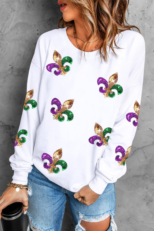 White Sequin Mardi Gras Graphic Pullover Sweatshirt