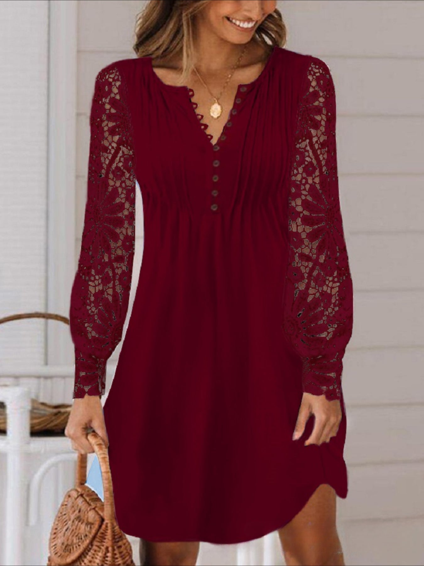 Women's Lace Button Date Vacation Elegant Split Neck Long Sleeve Lantern Sleeve Mini Dress