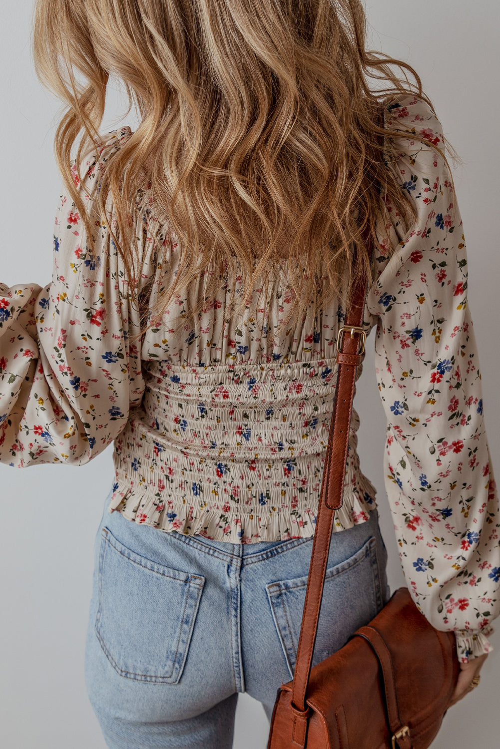 Beige Boho Floral Print Smocked Waist V Neck Blouse