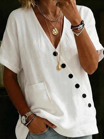 Solid Color Cotton Linen Short Sleeve V Neck Button Patch Pocket Summer Going Out Casual Shirt