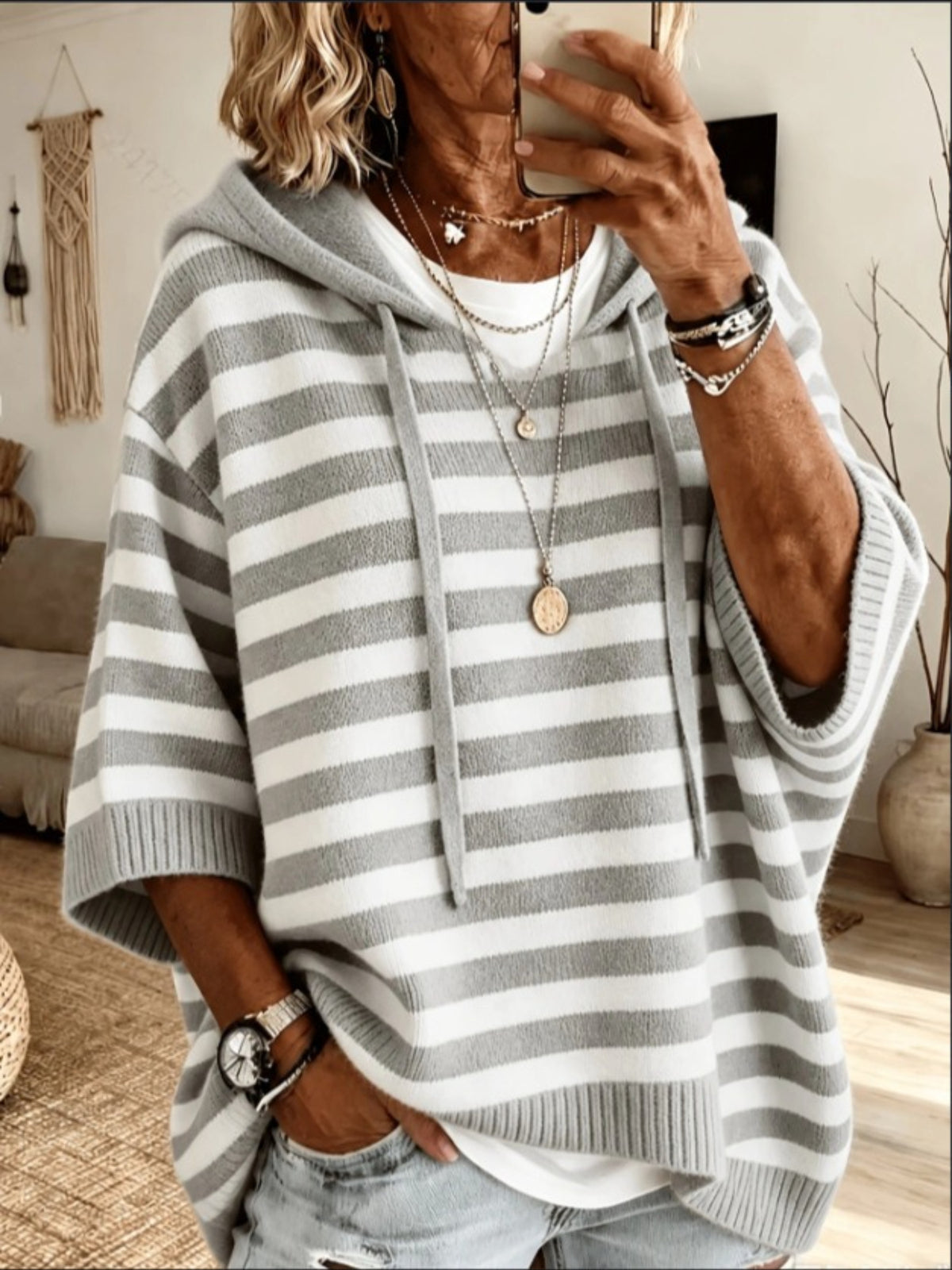 Solid Color Casual Hooded Batwing Sleeve Knit Sweater
