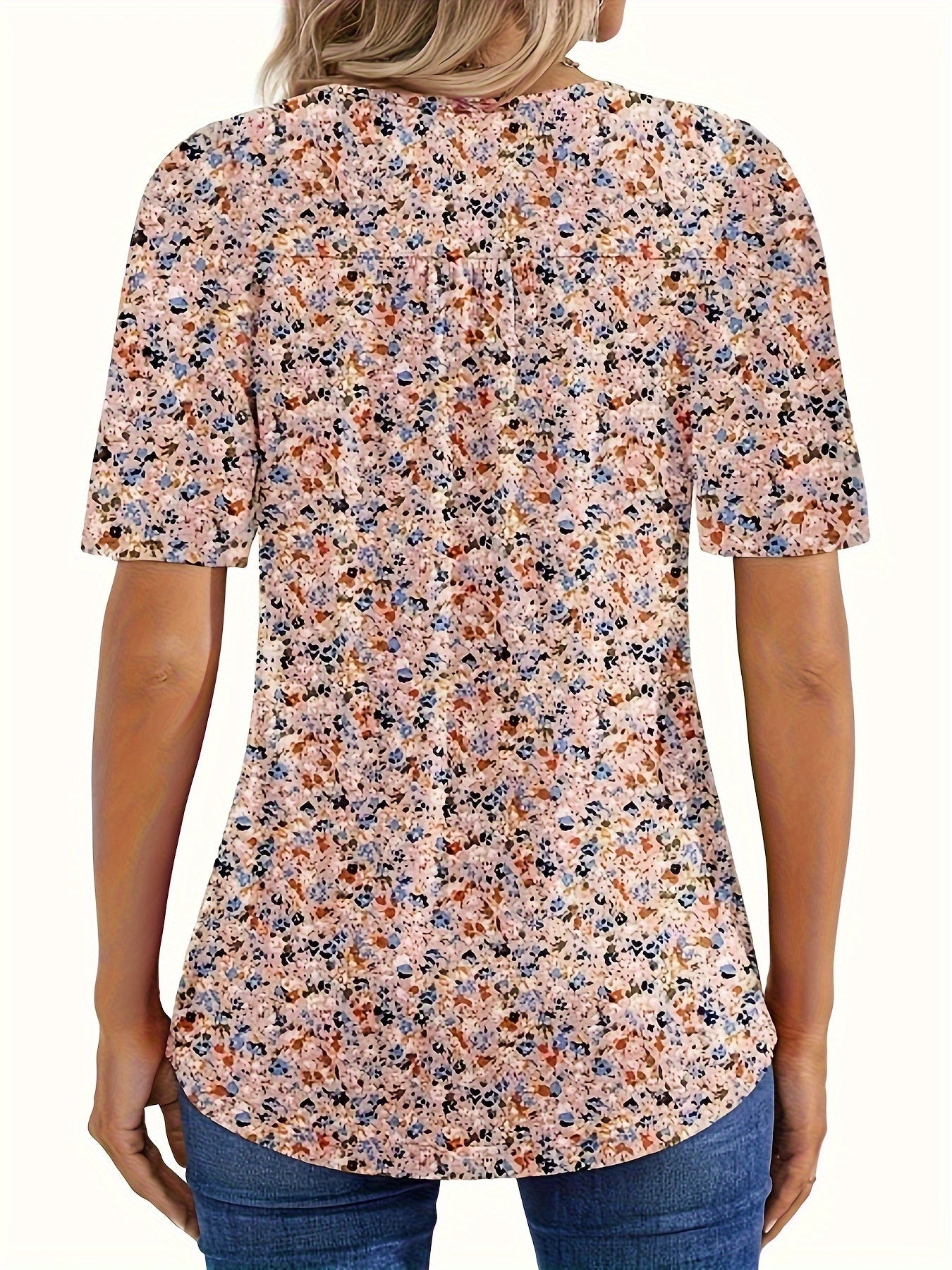 Floral Print Pintuck T-Shirt, Casual Short Sleeve Top