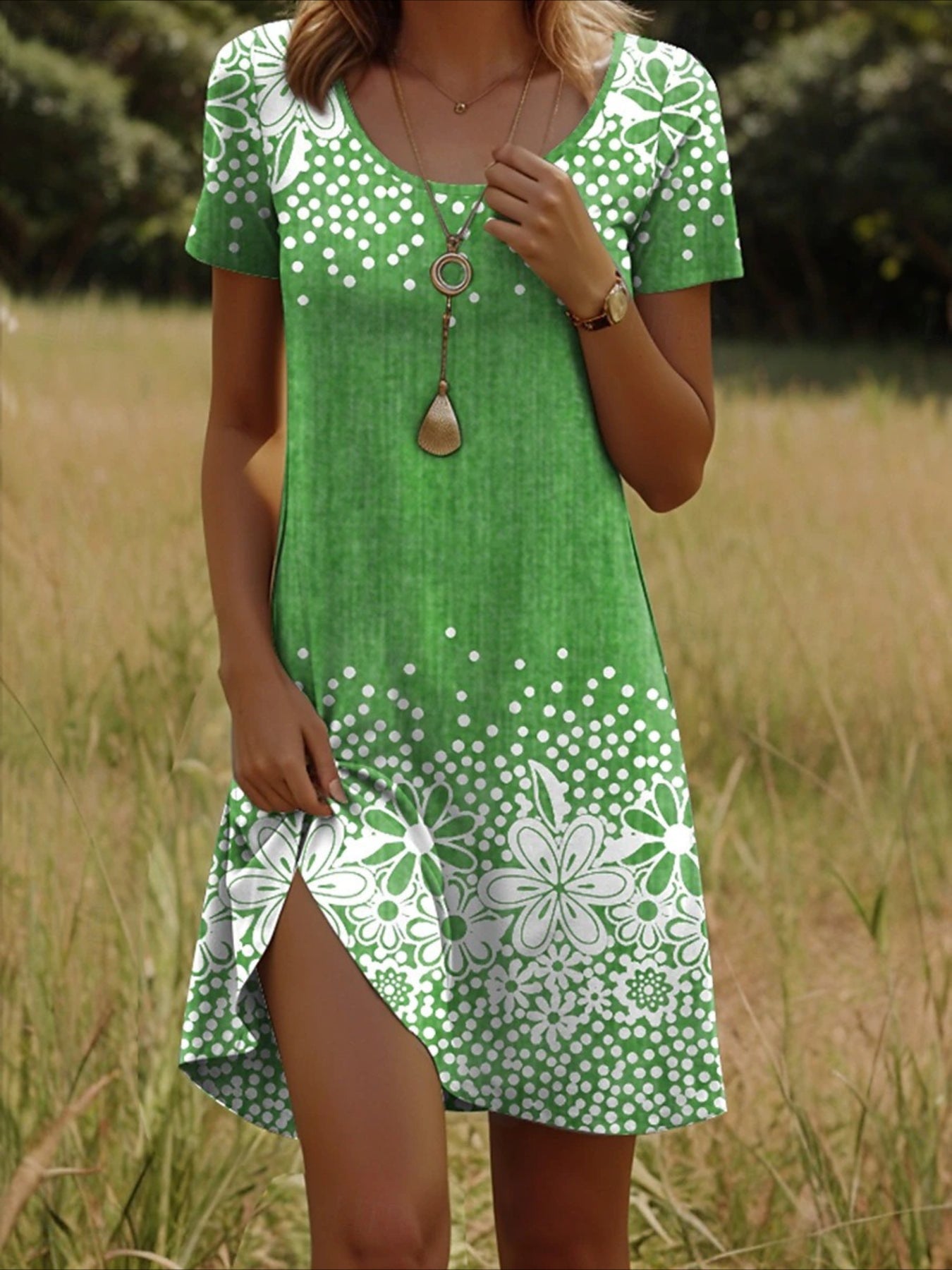 Floral Crew Neck Short Sleeve Fit & Flare A-Line Dress