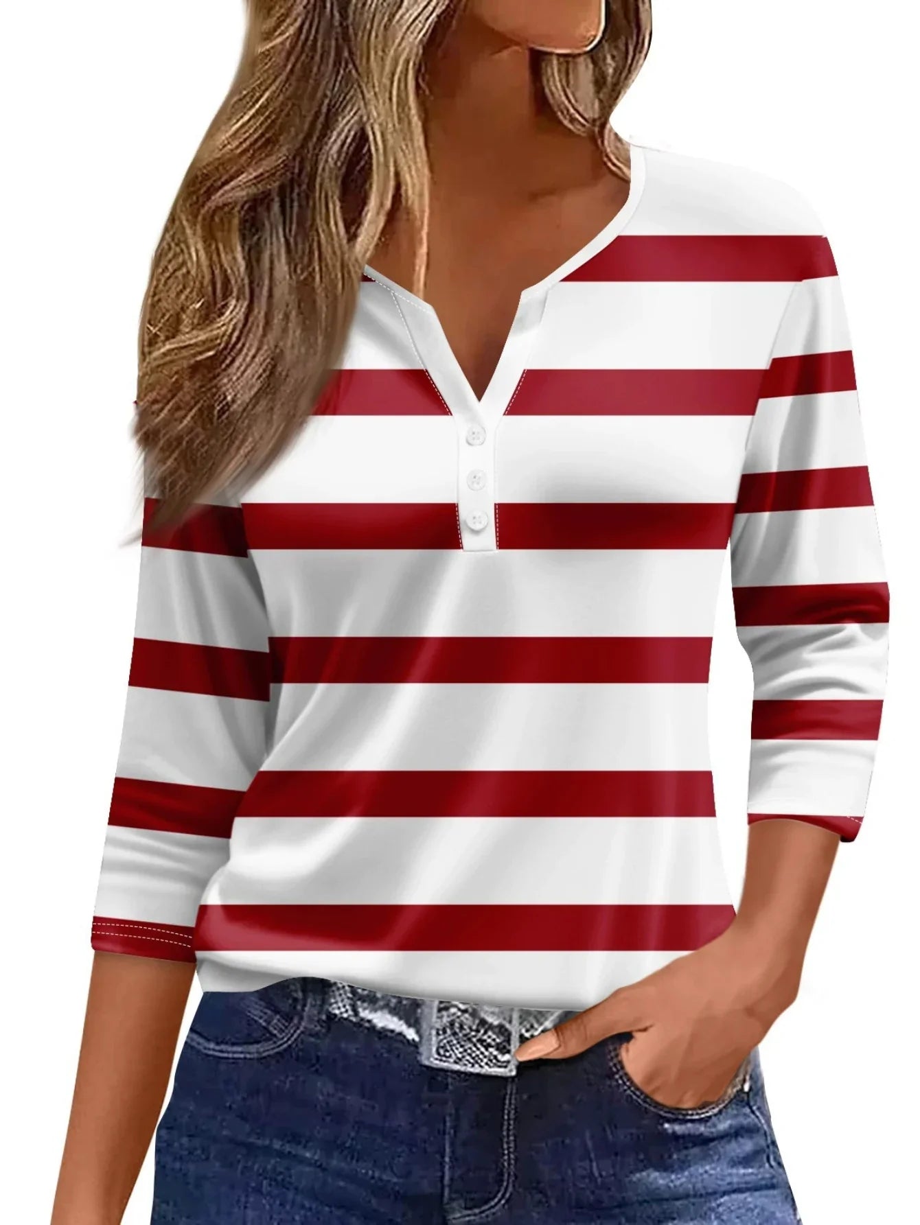 Women's V-Neck Striped T-Shirt - Soft Knit Polyester, Three Quarter Sleeve