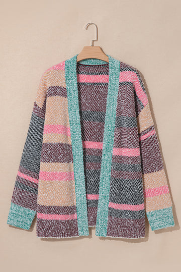 Multicolour Color Block Striped Side Slit Open Front Cardigan