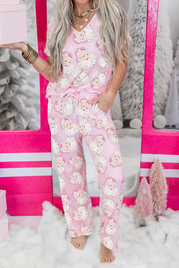 Pink Santa Claus Print V Neck Tee Drawstring Pants 2pcs Lounge Set