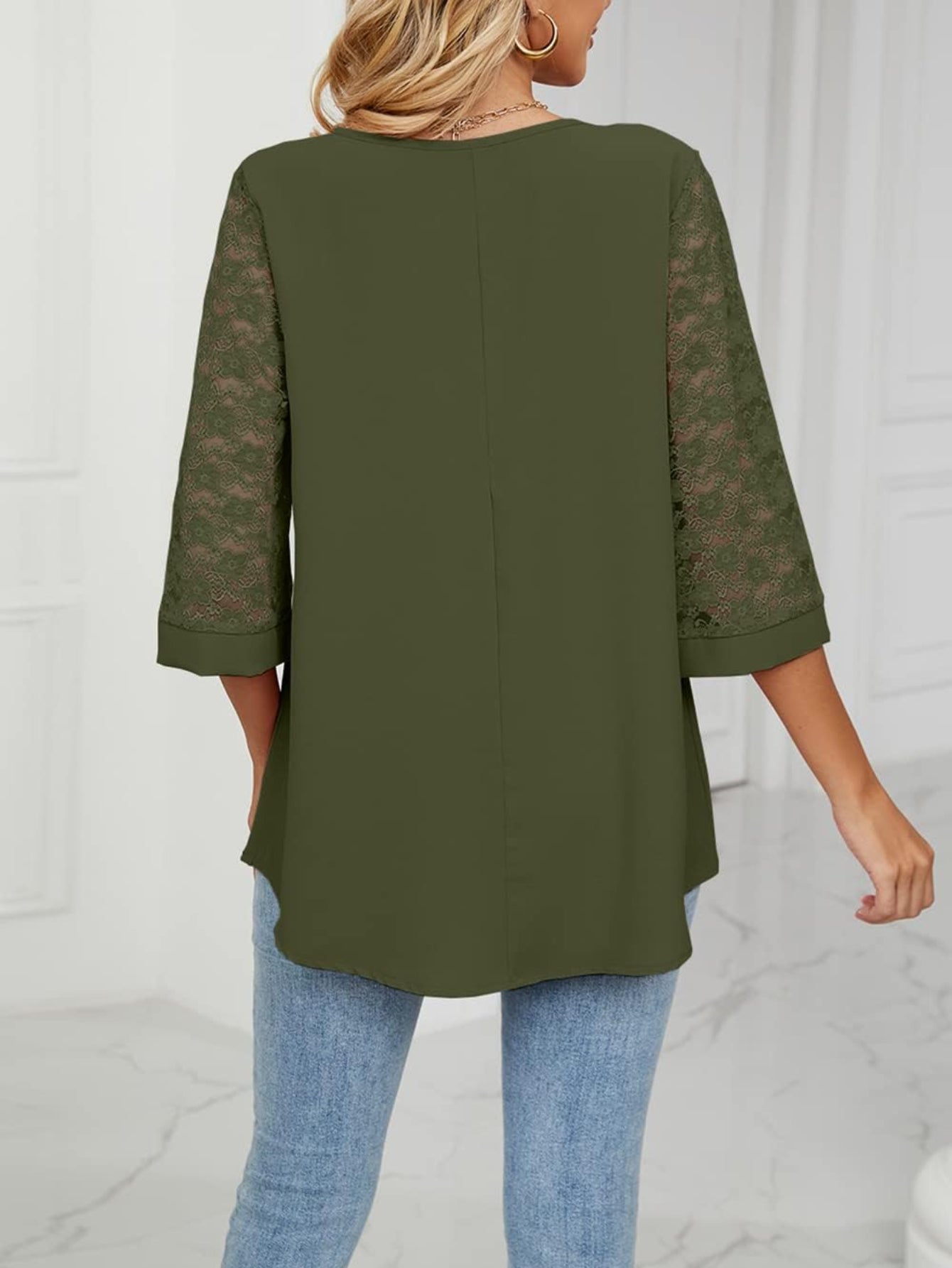 Casual 3/4 Sleeve Lace Chiffon Solid T-Shirt