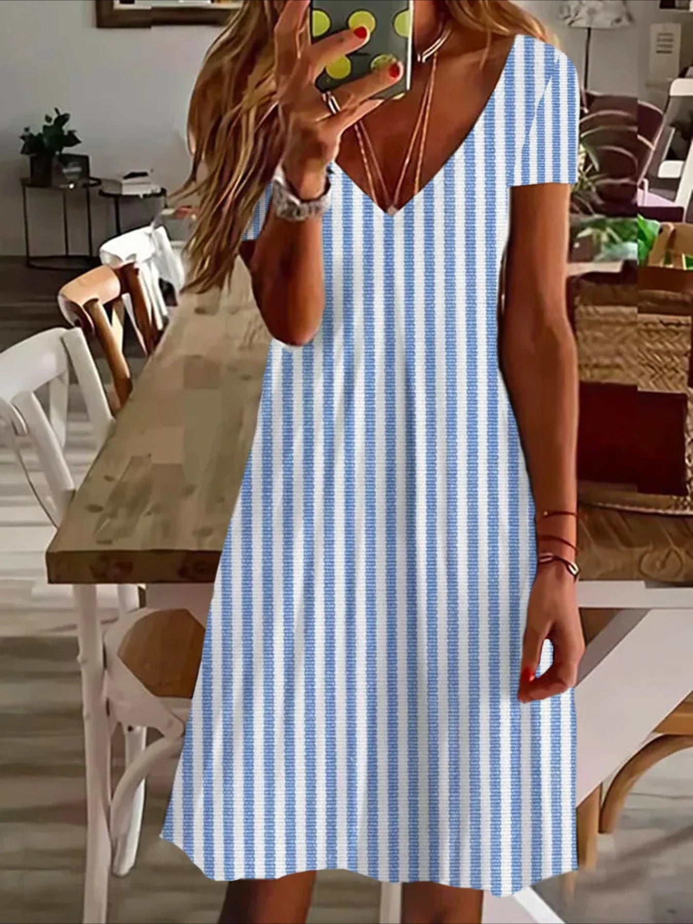 Loose V-neck Printed Short Sleeve Dress