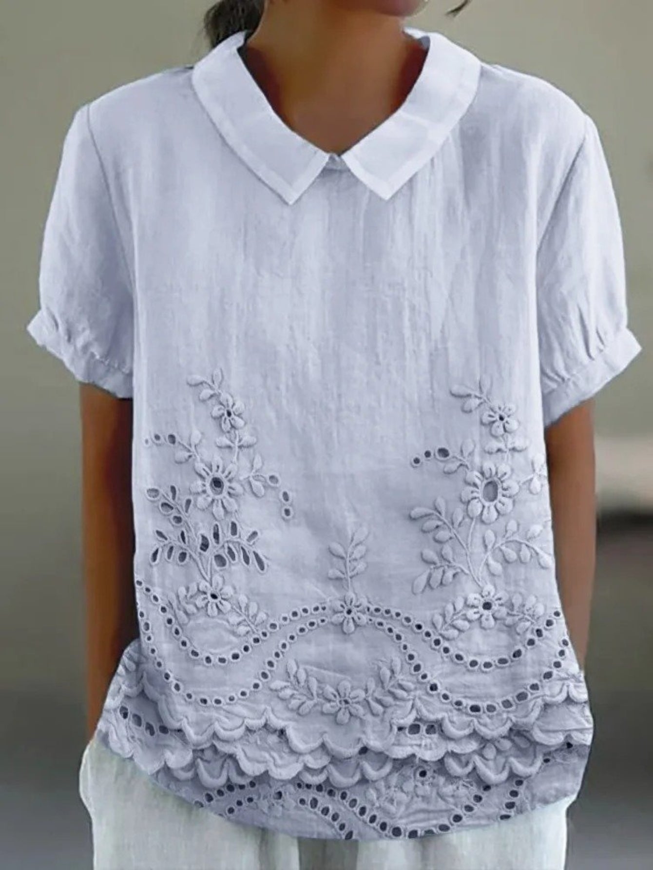 Plain Half Sleeve Blouse Summer Shawl Collar Daily Casual Top