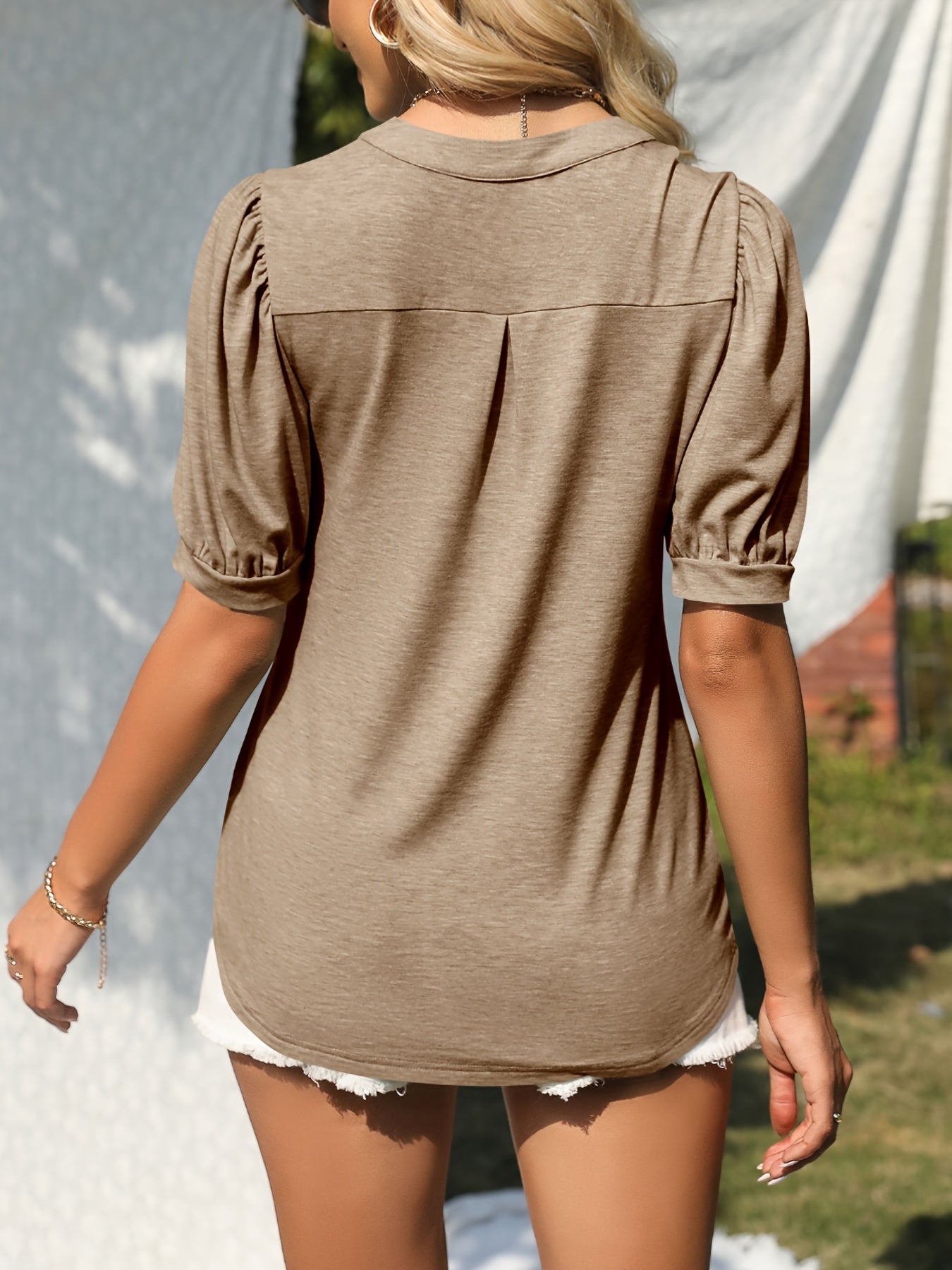 Solid Puff Sleeve T-Shirt, V Neck Short Sleeve T-Shirt, Casual Every Day Tops