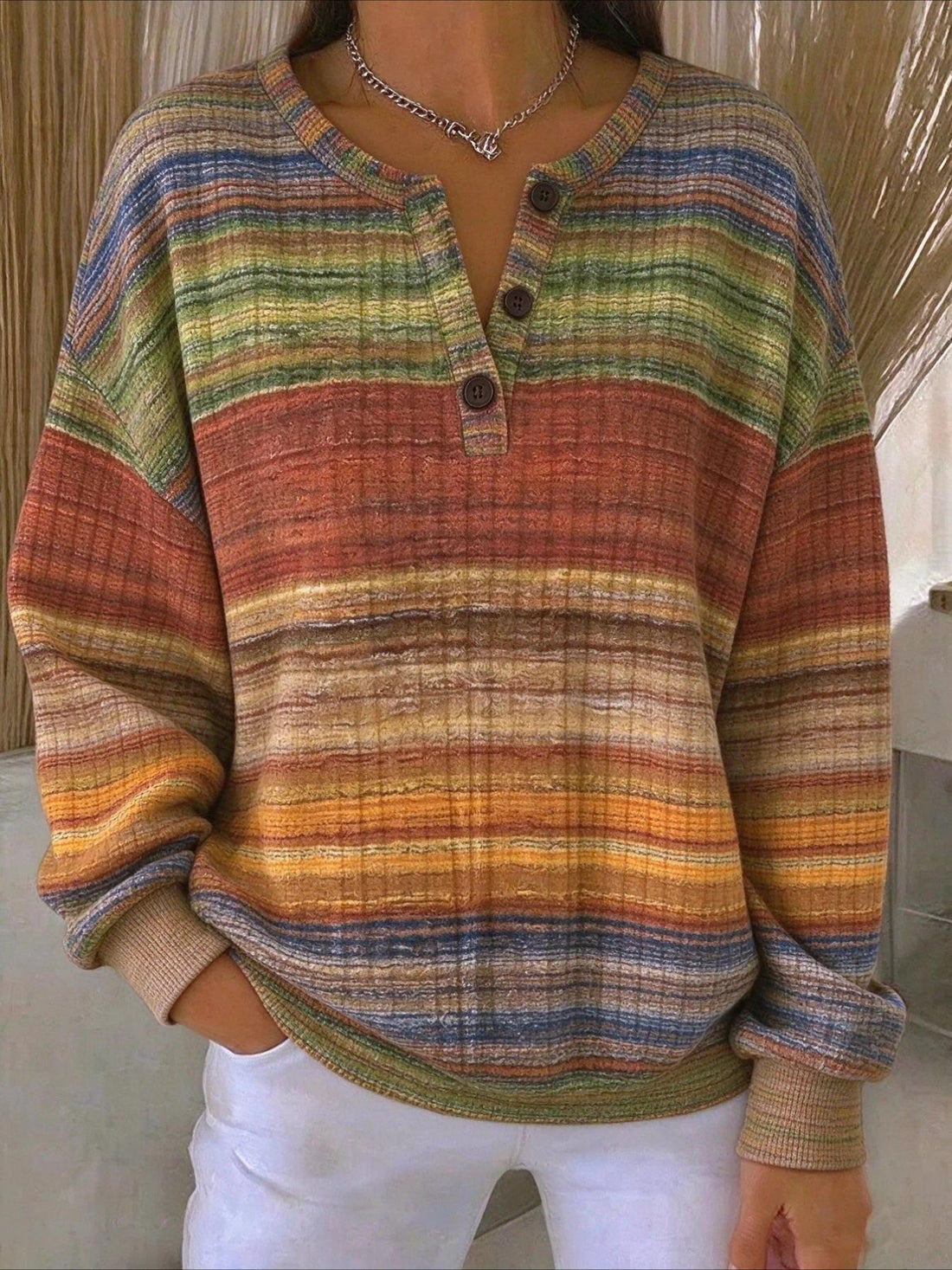 Abstract Regular Fit Casual Henley Collar Sweatshirt