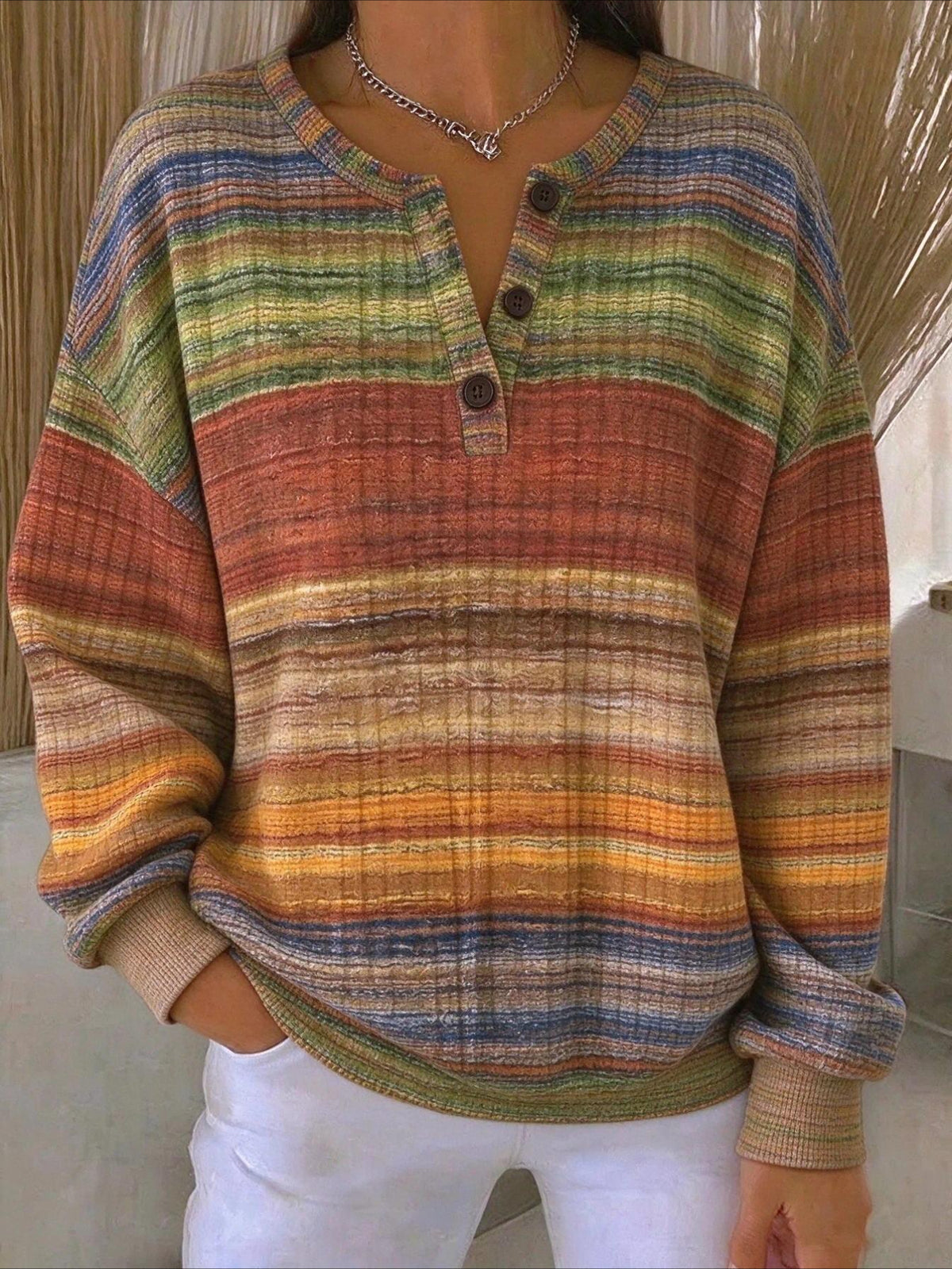 Abstract Regular Fit Casual Henley Collar Sweatshirt