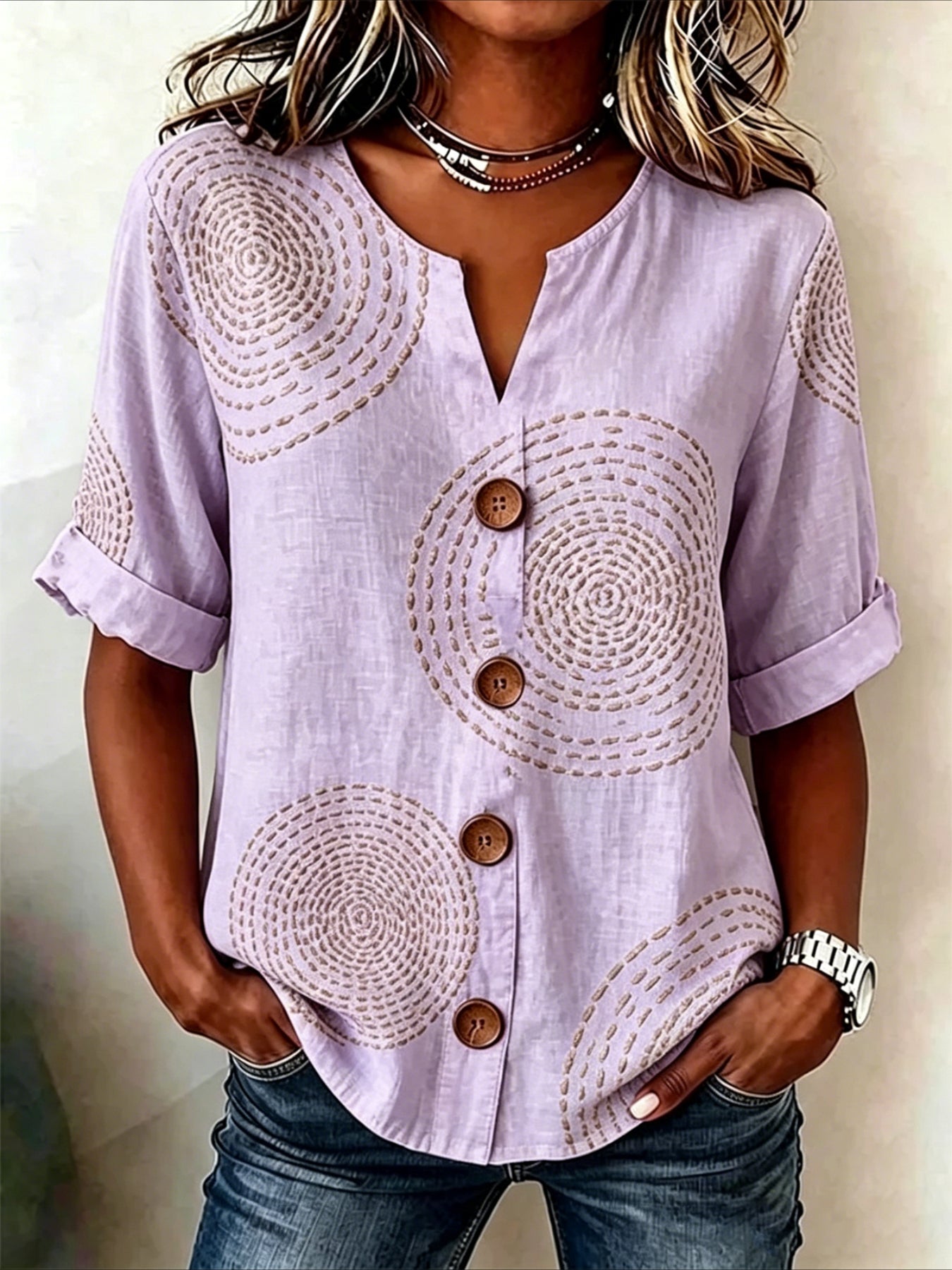 Geometric Print Loose Stand Collar Simple Linen Blend Shirt