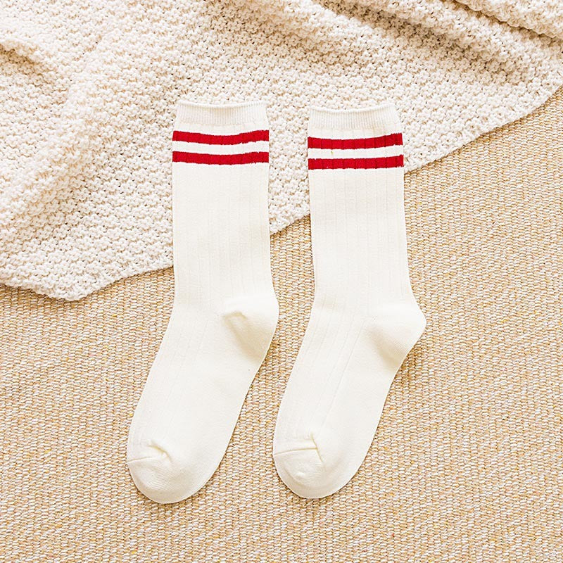 5/10 Pairs Solid Patched Stripes Crew Socks, Basic Sports Business Stockings