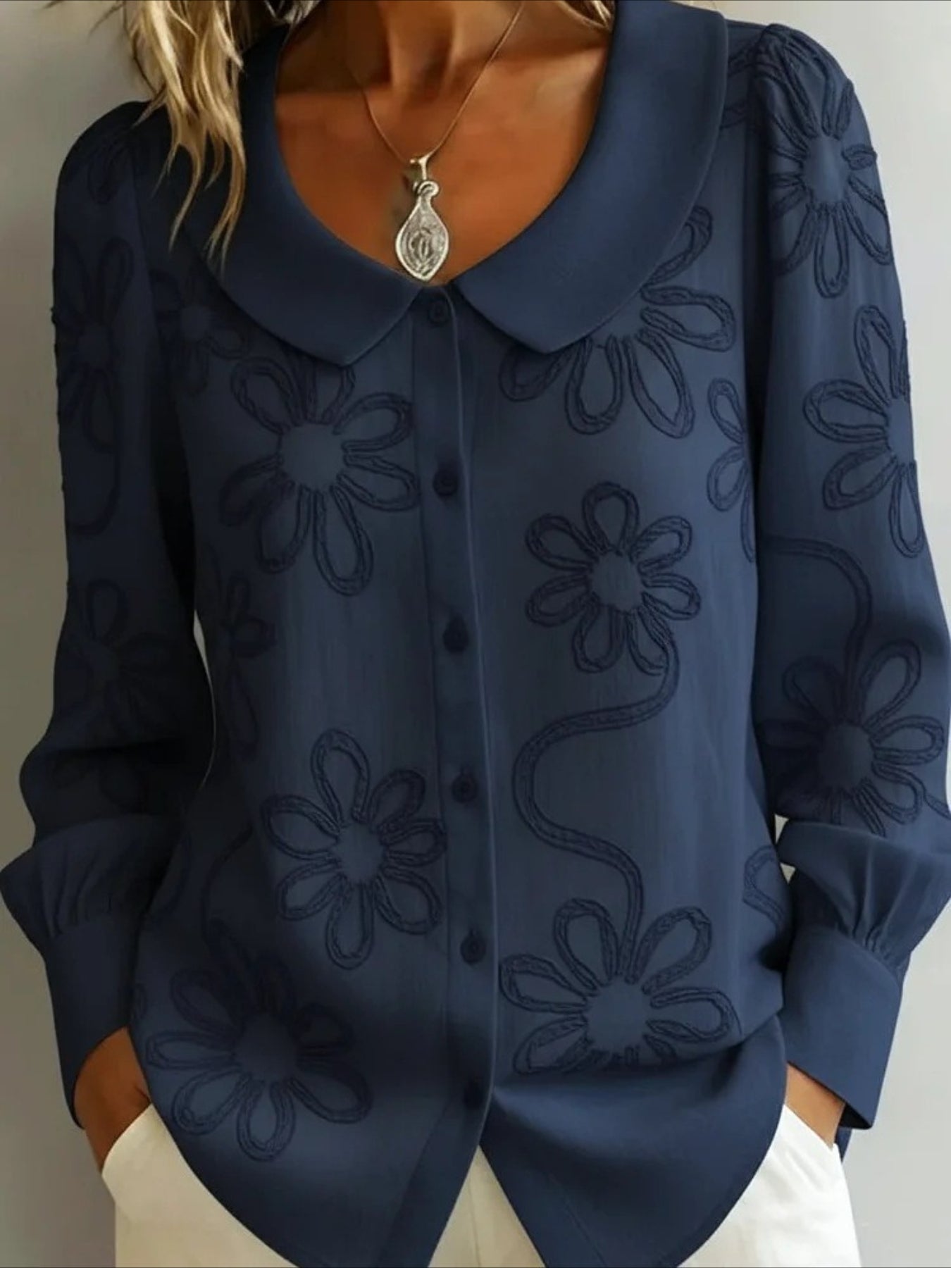 Embroidery Floral Long Sleeve Crew Neck Button Loose Going Out Casual Top