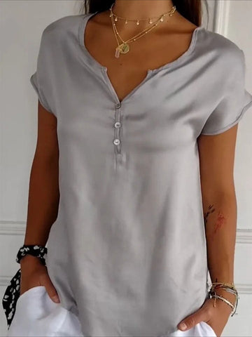 Solid Short Sleeve Buttoned V Neck T-Shirt