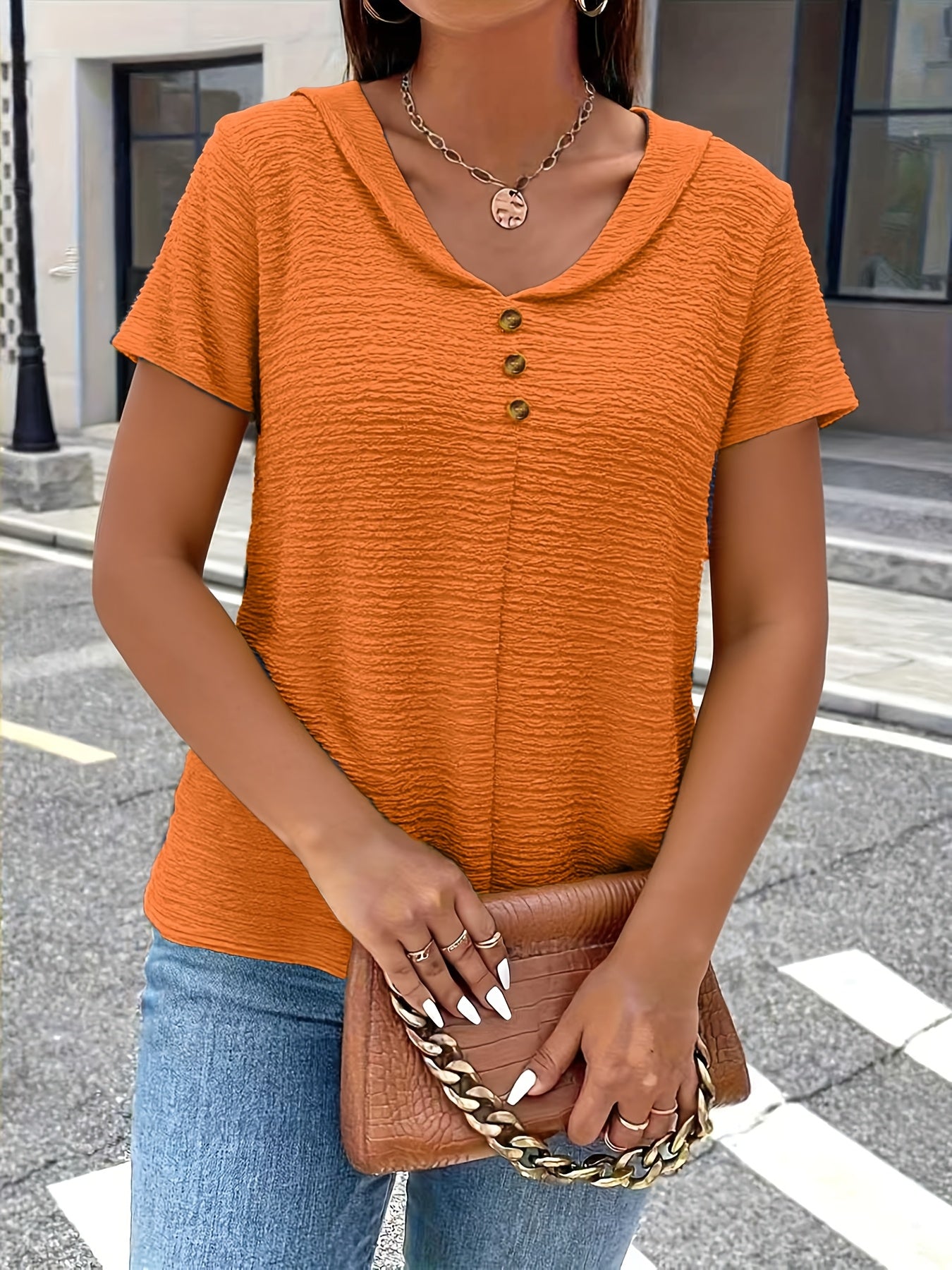 Elegant Solid Color Button- Doll Collar Short Sleeve T-Shirt