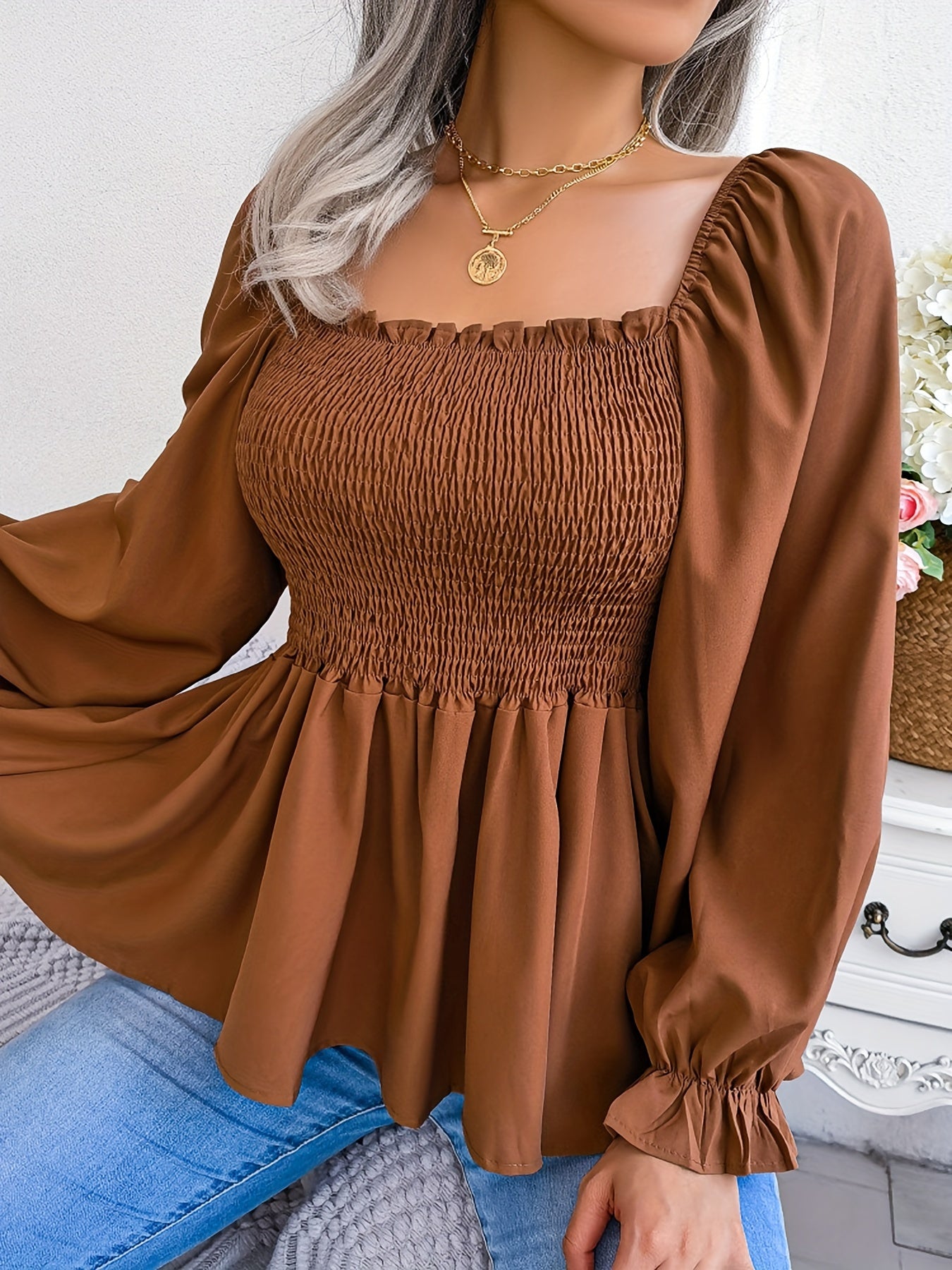 Casual Top, Women's Solid Shirred Lantern Sleeve Square Neck Slight Stretch Peplum Top