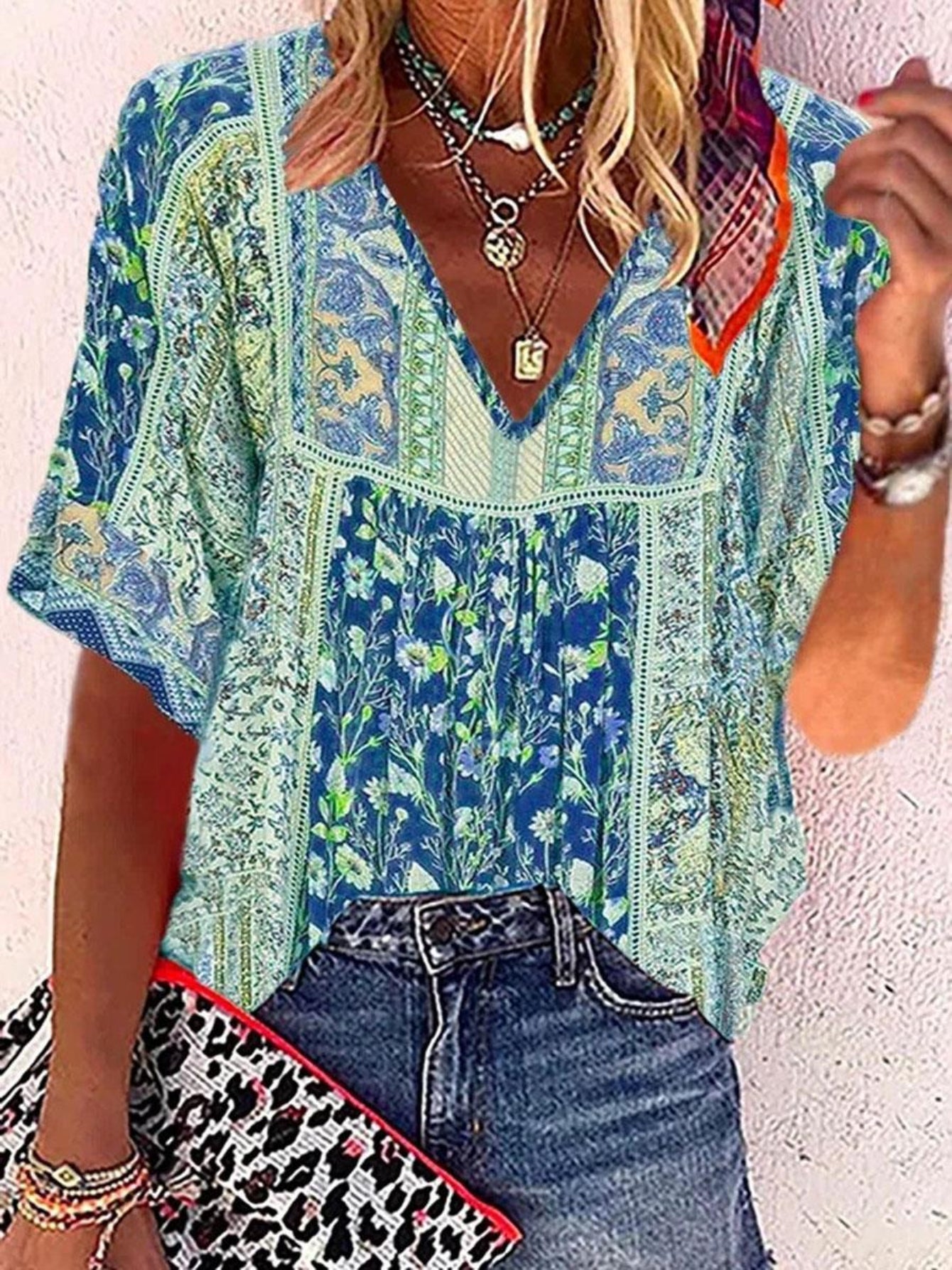 Ethnic Floral Print Blouse, Boho V Neck Half Sleeve Blouse