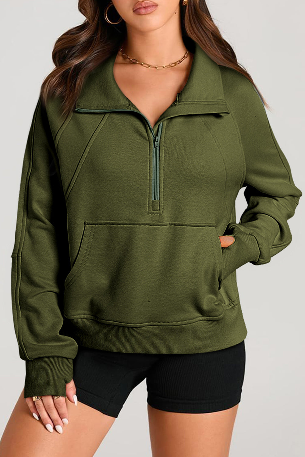 Moss Green Quarter Zip Stand Neck Kangaroo Pocket Sweatshirt