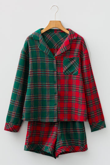 Red Plaid Contrast Patched Christmas Holiday Long Sleeve Shirt and Short 2pcs Pajama Set