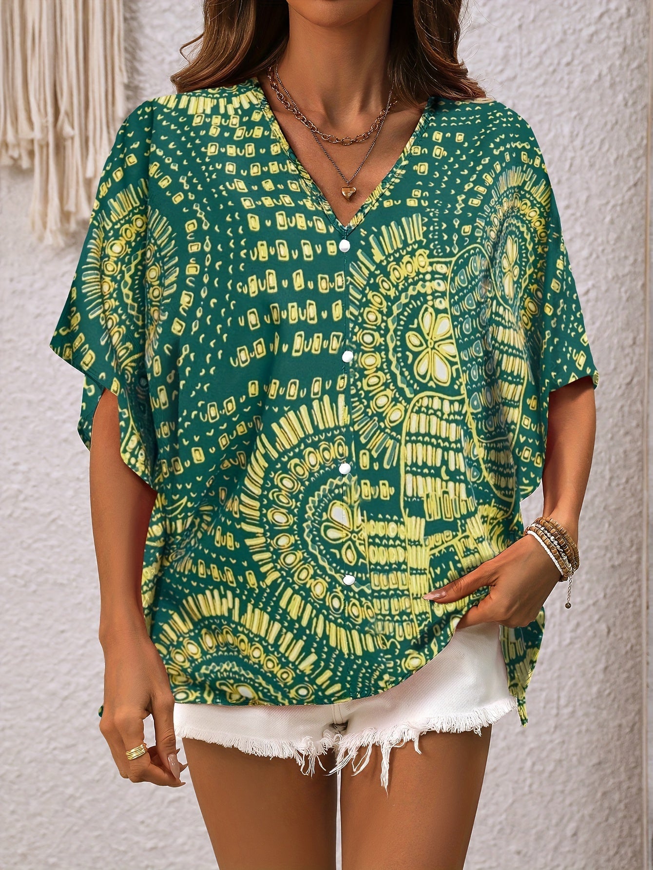 Mandala Print V-neck Blouse, Vacation Style Batwing Sleeve Top