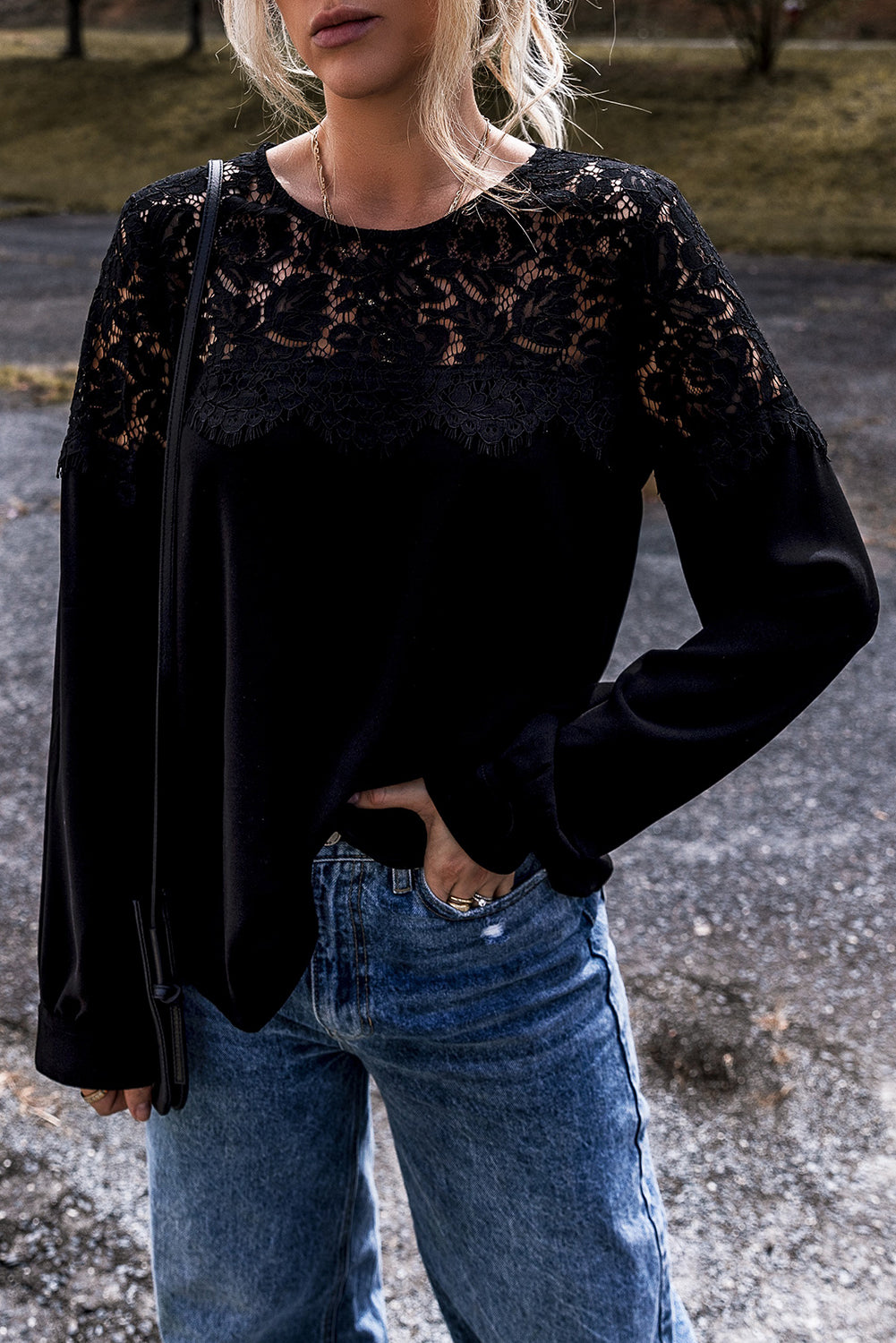 Black Lace Crochet Patchwork O Neck Long Sleeve Top